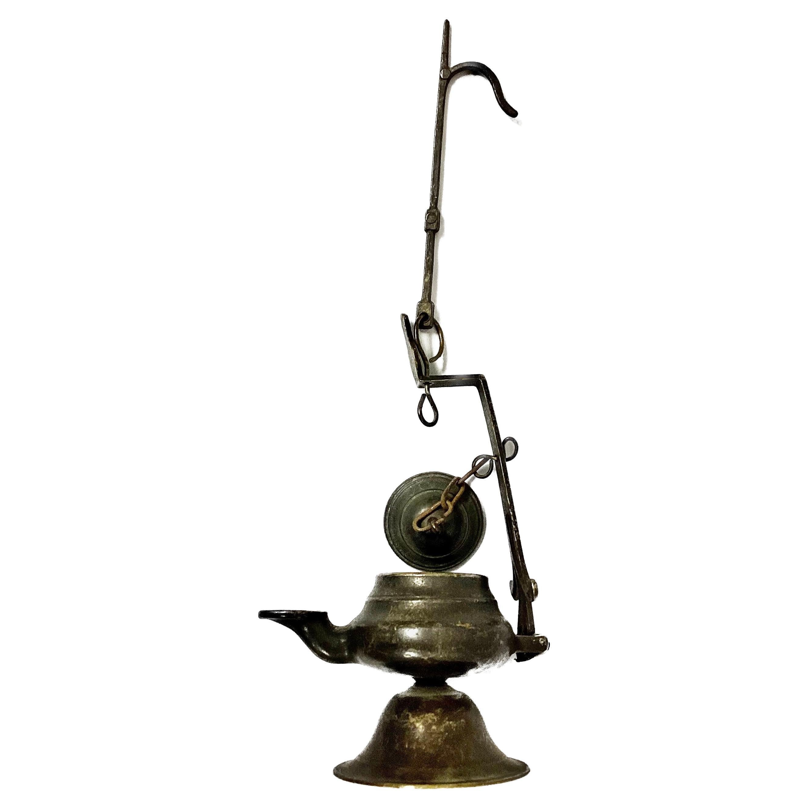 18th Century Italian Bronze Hanging Oil Lamp In Good Condition For Sale In Bradenton, FL