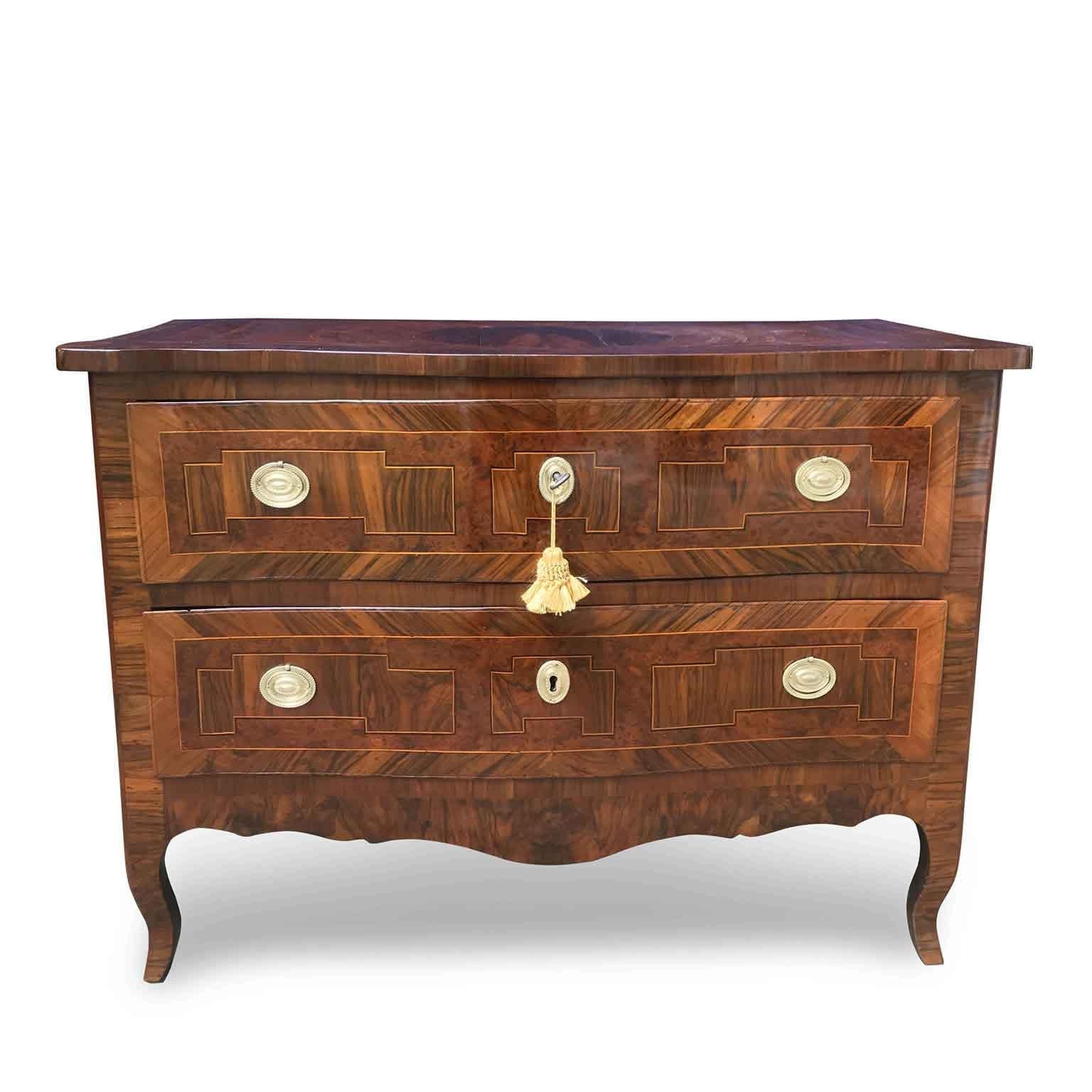 Inlay 18th Century Italian Burl Marquetry Commode Bolognese Louis XV Chest of Drawers For Sale