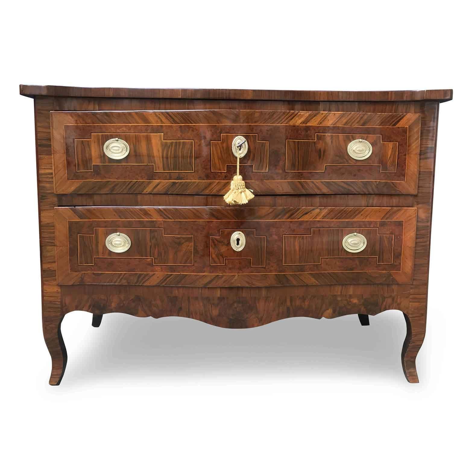 Late 18th Century 18th Century Italian Burl Marquetry Commode Bolognese Louis XV Chest of Drawers For Sale