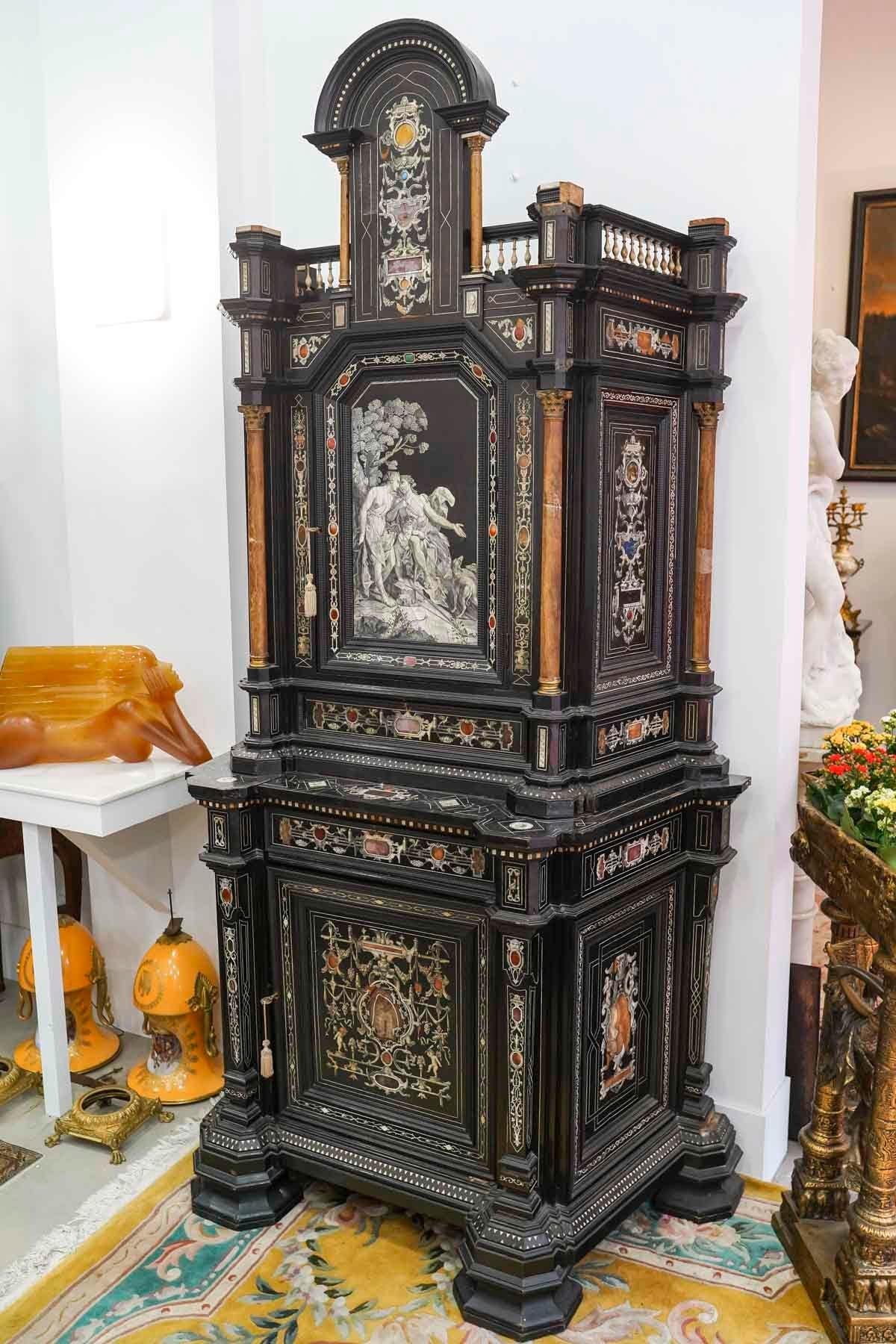 Neoclassical 18th Century Italian Cabinet in Ebony, Ivory, Hard Stone Inlay, Secret Drawers. For Sale