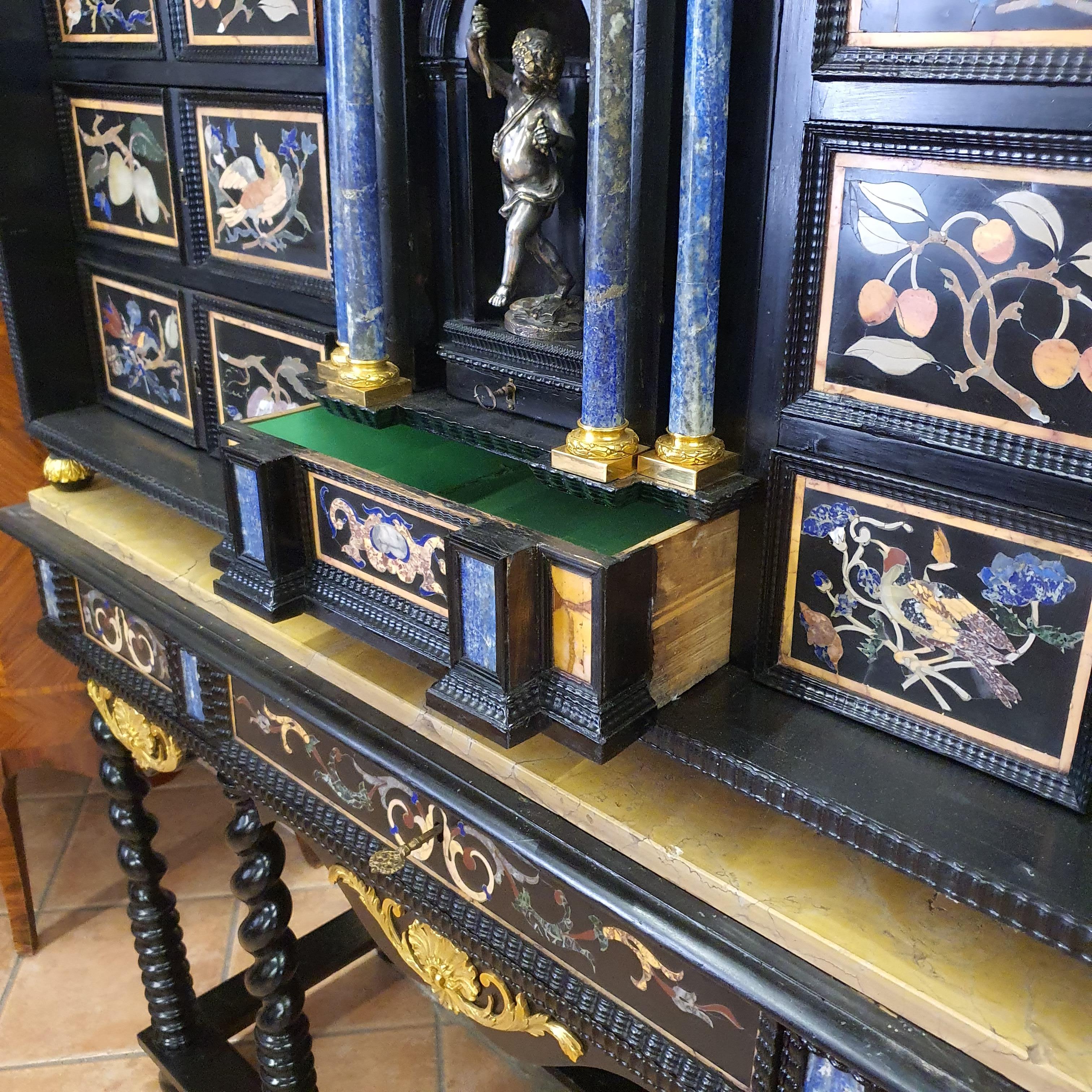 18th Century Italian Cabinet on Stand, Silver, Gilded Bronze, Precious Marbles 8