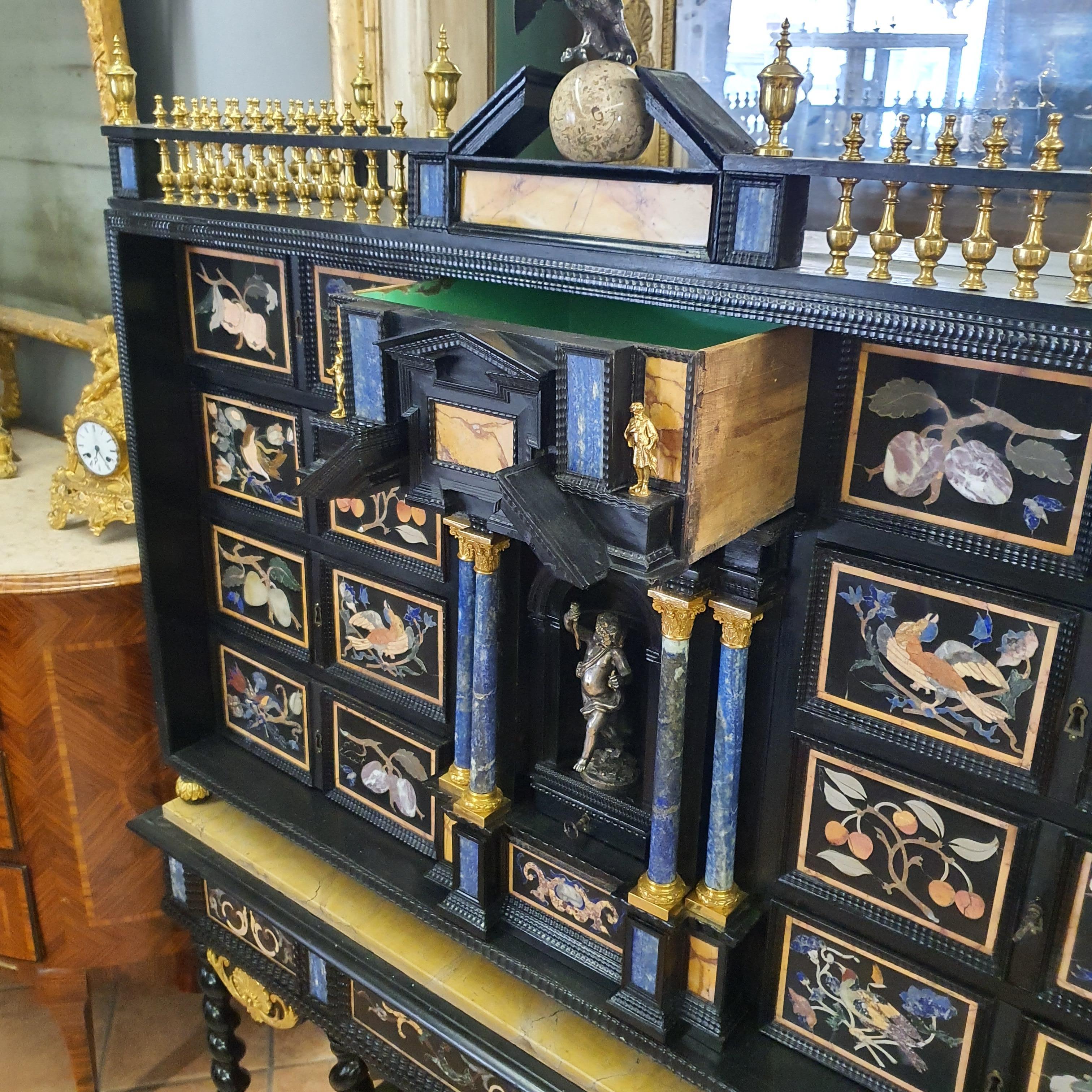 18th Century Italian Cabinet on Stand, Silver, Gilded Bronze, Precious Marbles 9