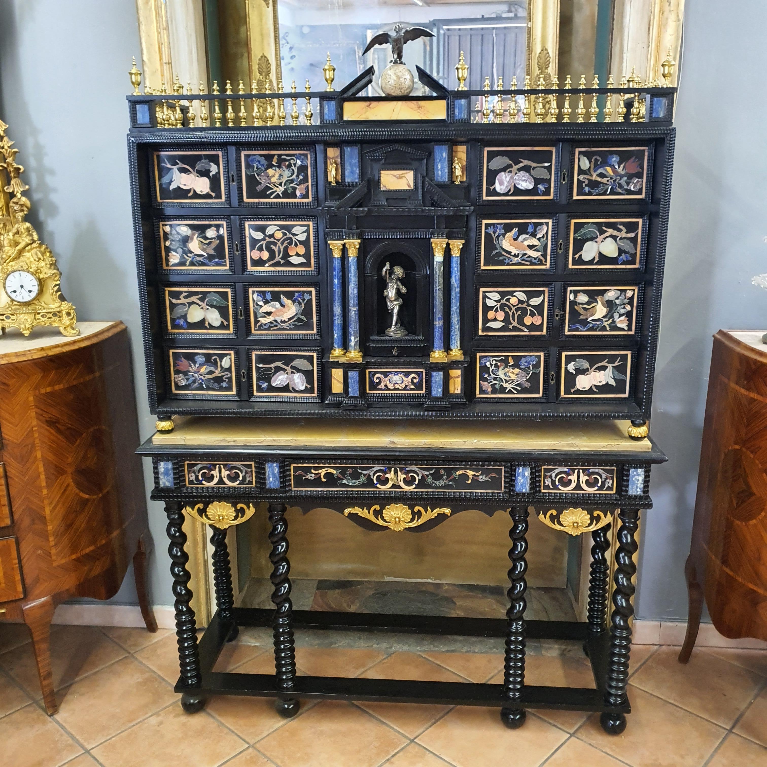 18th Century Italian Cabinet on Stand, Silver, Gilded Bronze, Precious Marbles 12