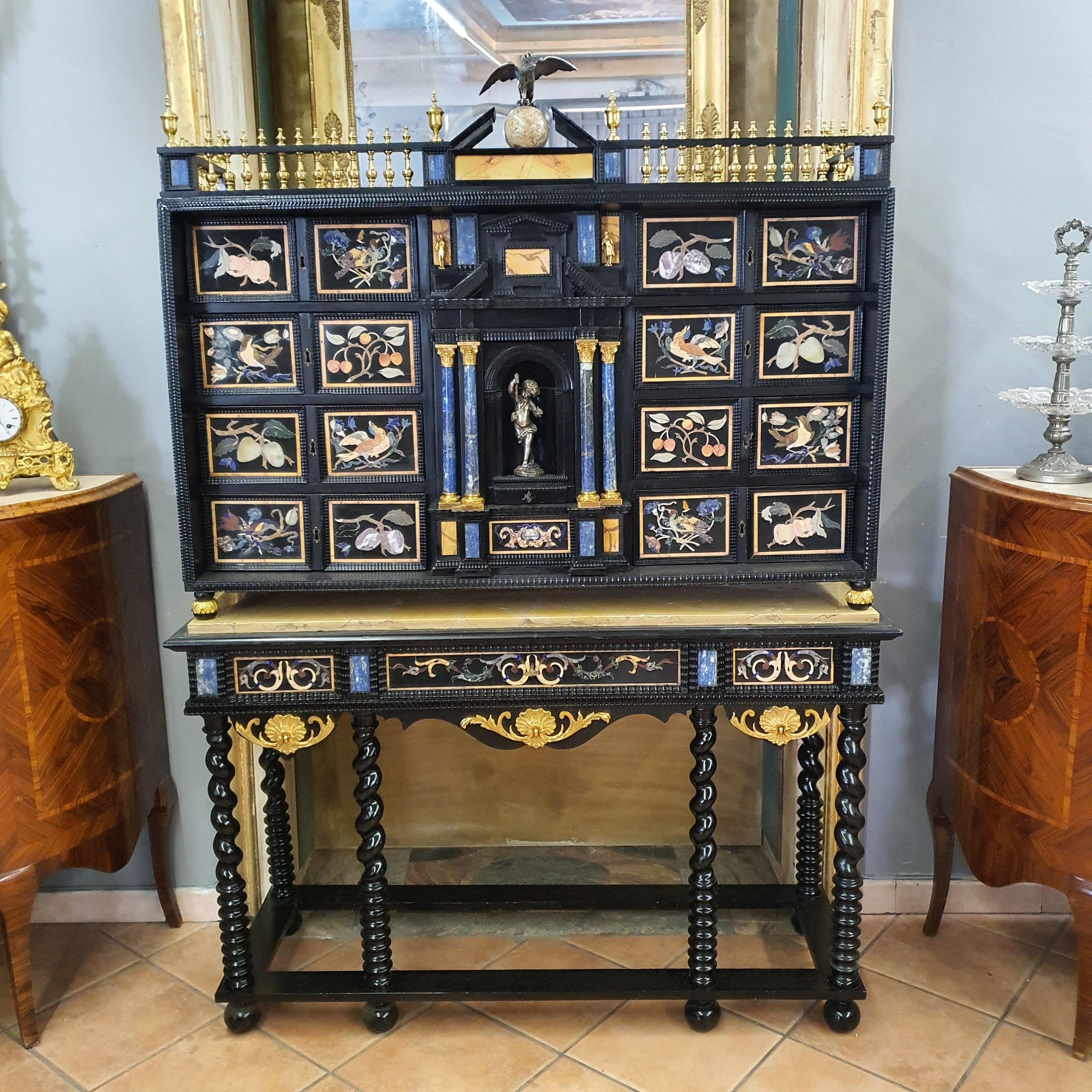 18th Century Italian Cabinet on Stand, Silver, Gilded Bronze, Precious Marbles 13