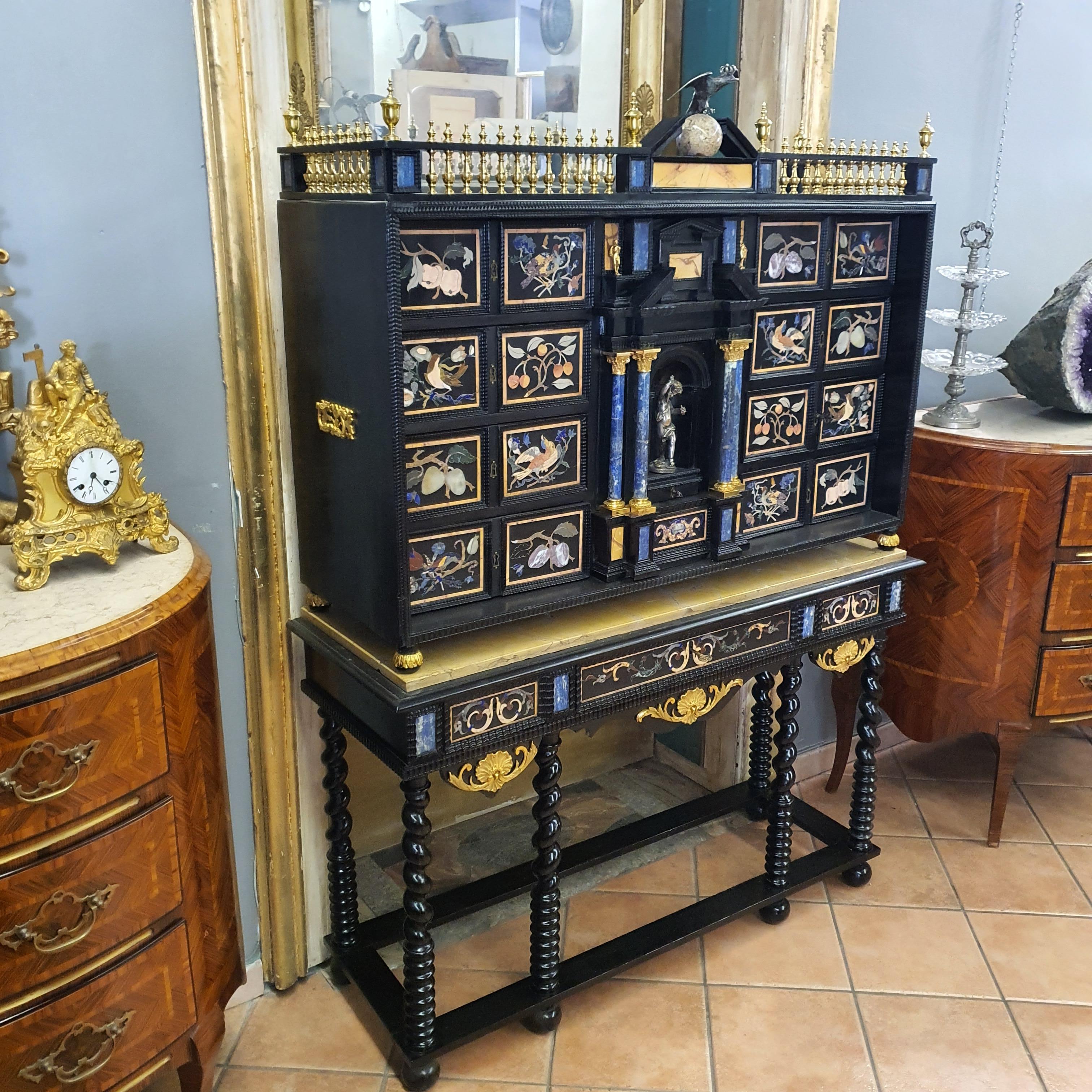 18th Century Italian Cabinet on Stand, Silver, Gilded Bronze, Precious Marbles In Good Condition In PALERMO, IT