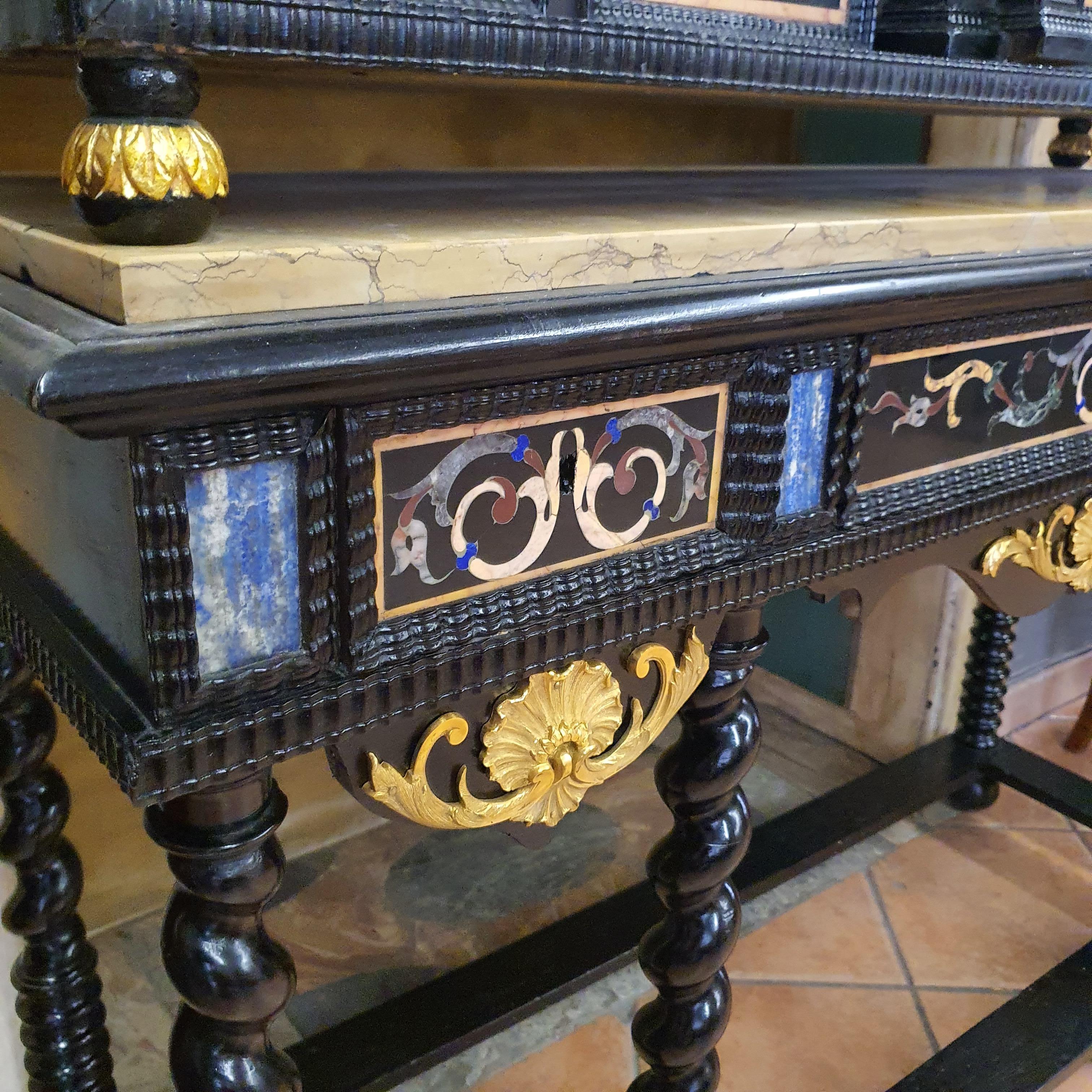 18th Century Italian Cabinet on Stand, Silver, Gilded Bronze, Precious Marbles 1