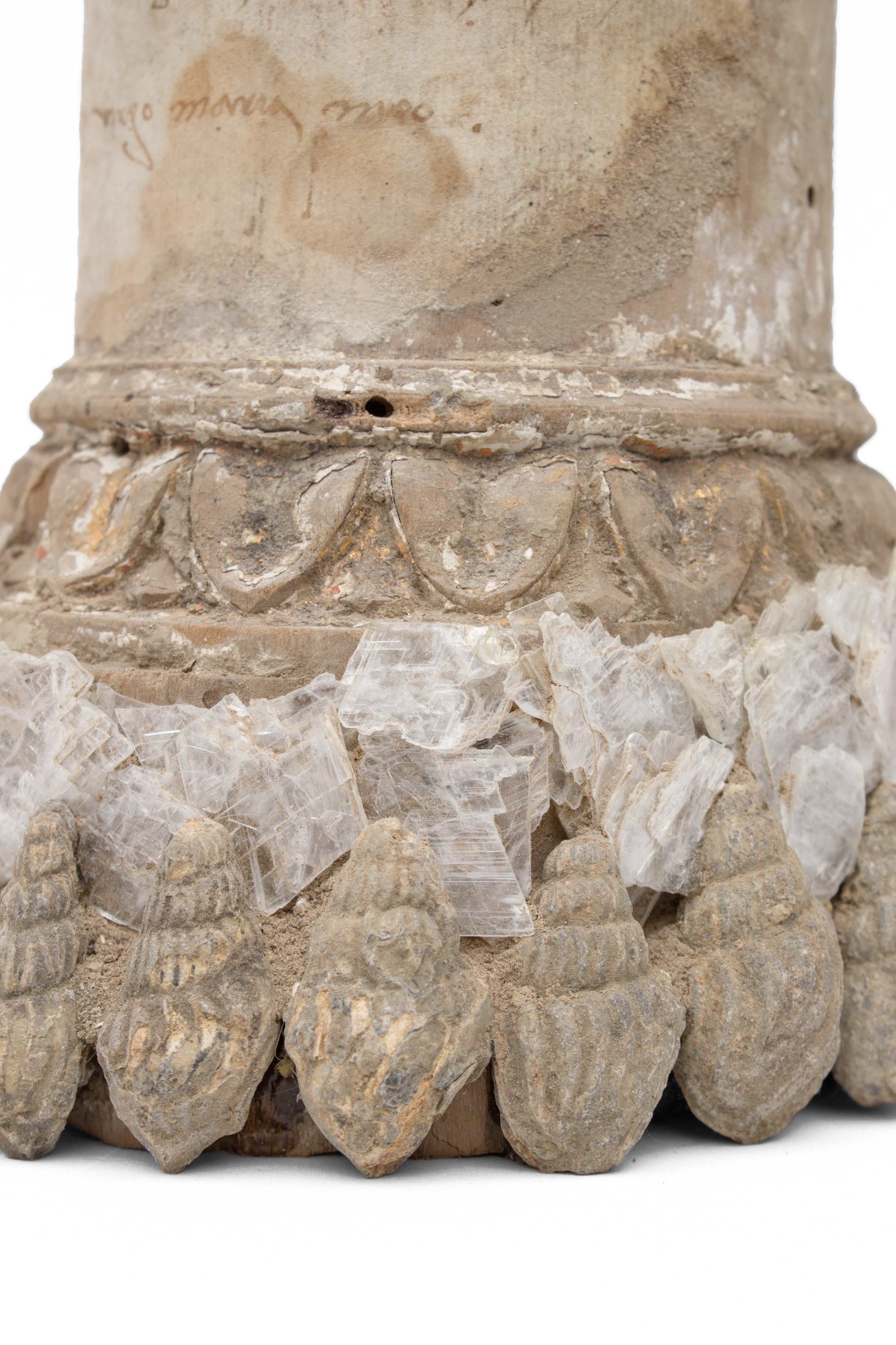 18th century Italian candlestick base decorated with selenite blades and fossil shells intertwined with selenite decoration. This candlestick is from a church in Florence. It was found and saved from the notorious flooding of the Arno River in