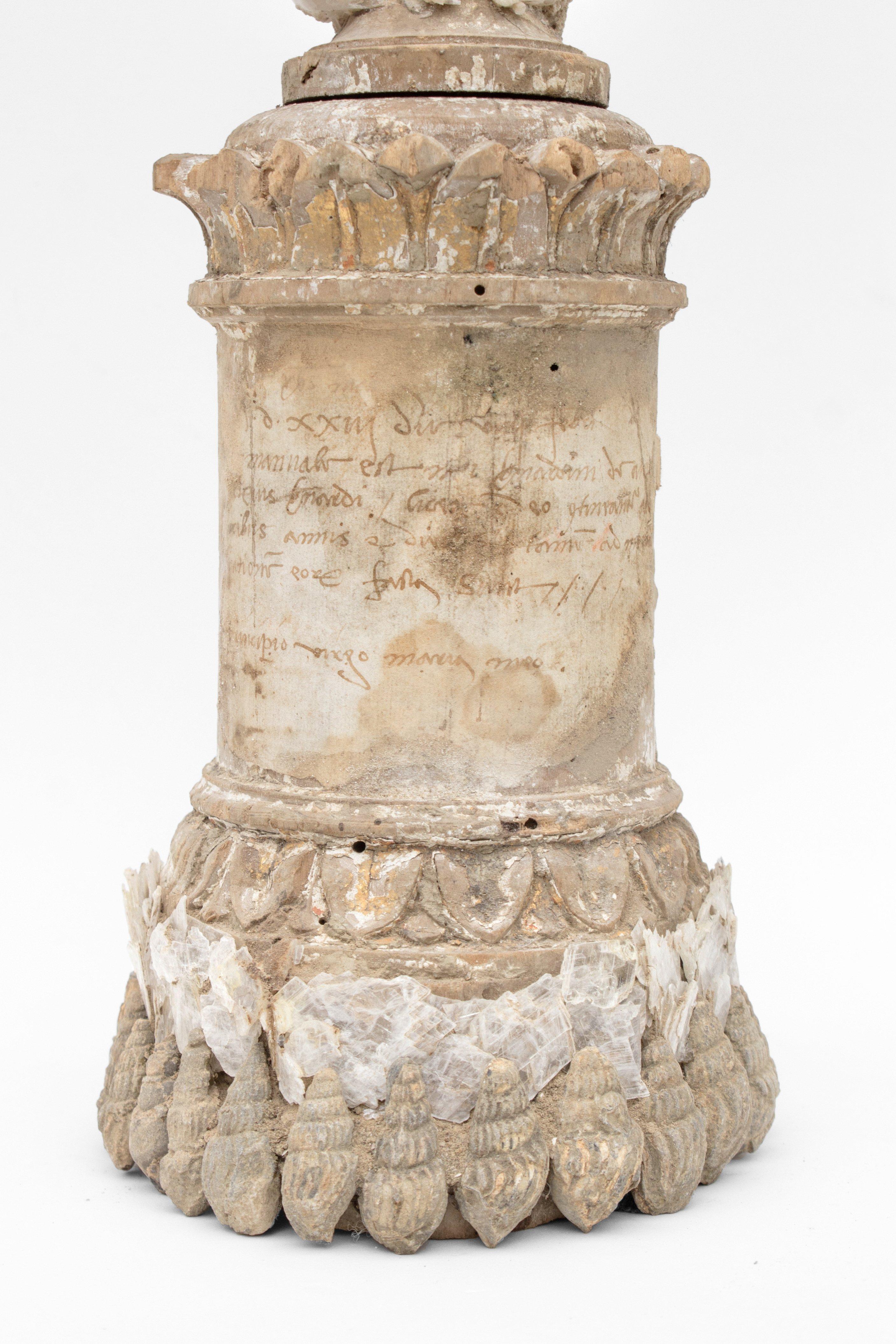 18th Century Italian Candlestick Base with Selenite Blades and Fossil Shells In Distressed Condition In Dublin, Dalkey