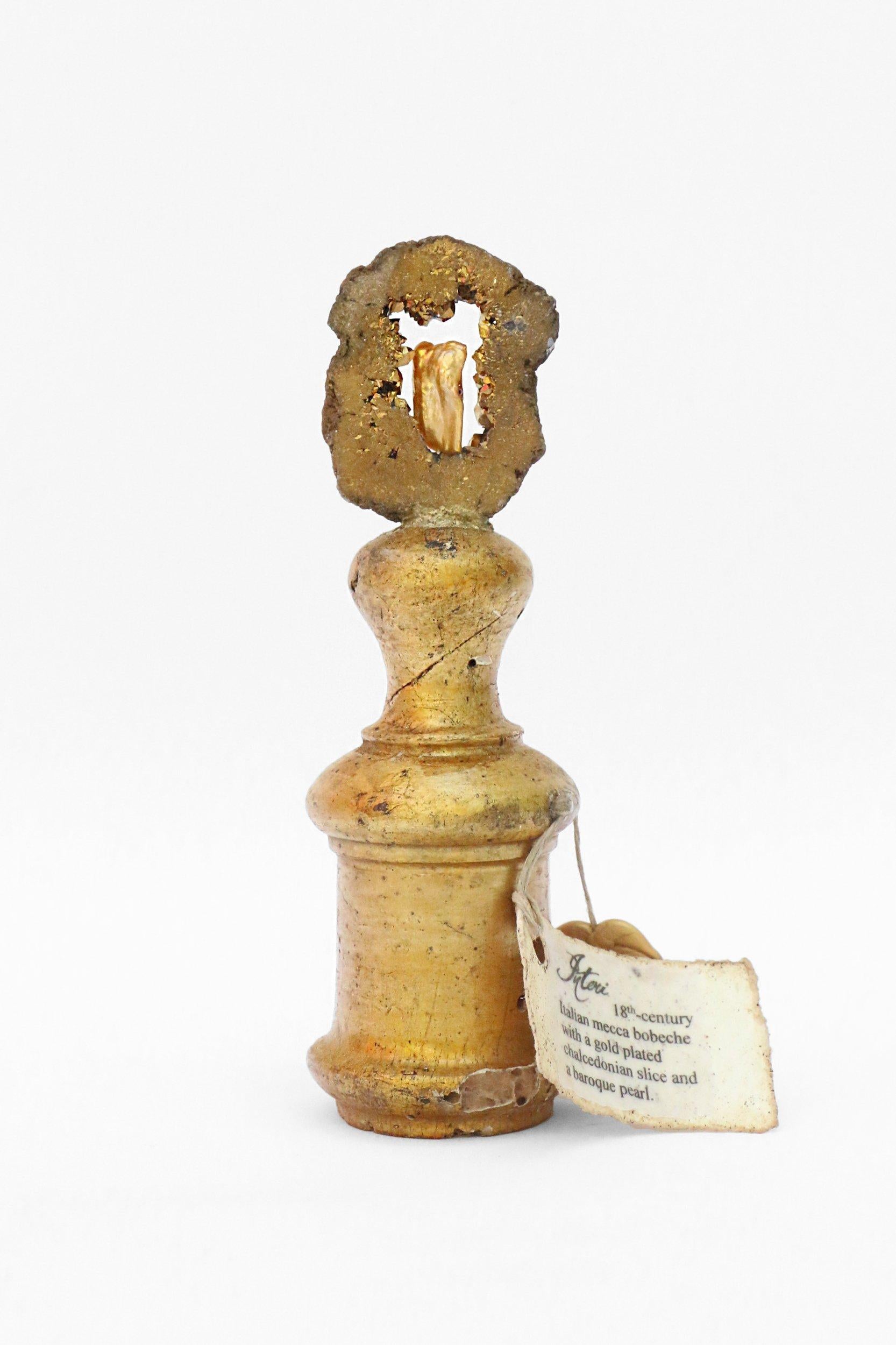 Hand-Carved 18th Century Italian Candlestick Holder with a Gold Plated Chalcedony & Pearl