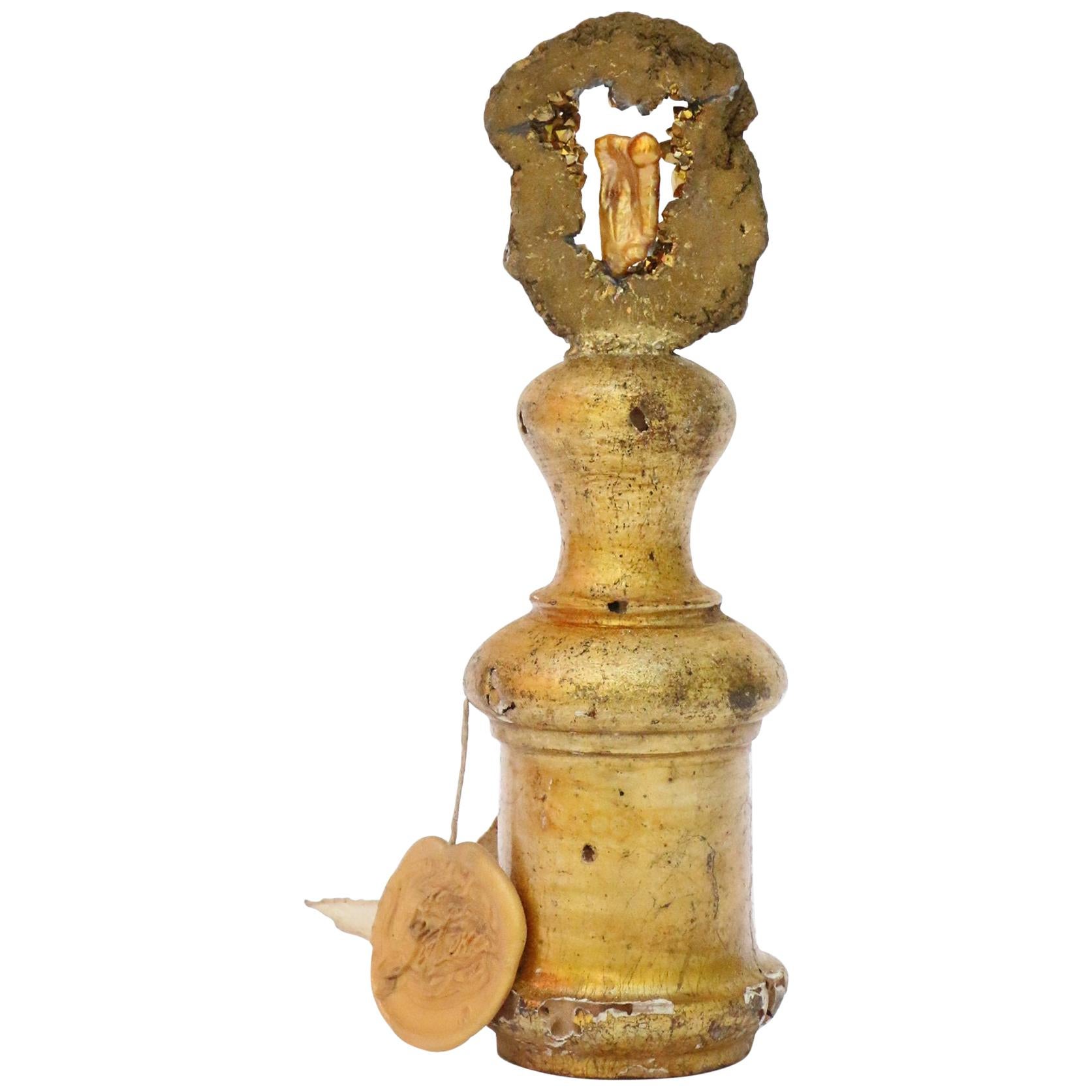 18th Century Italian Candlestick Holder with a Gold Plated Chalcedony & Pearl