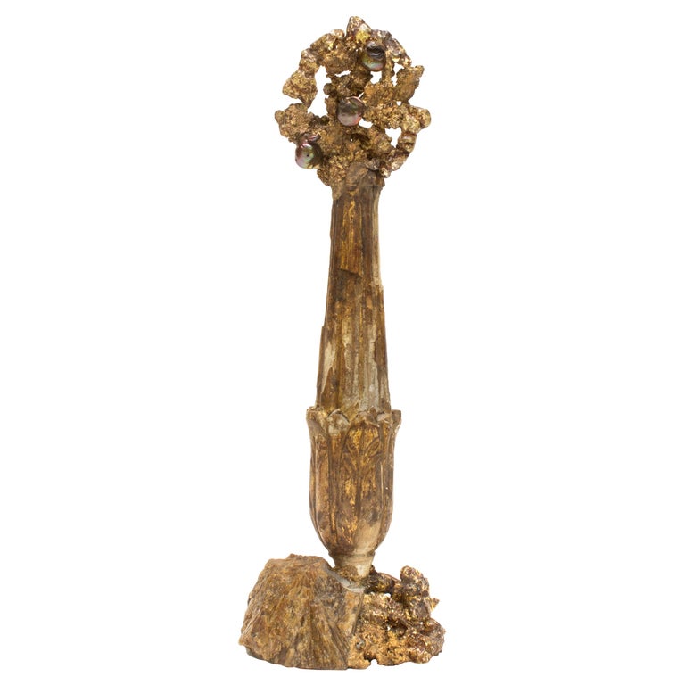 18th Century Italian Candlestick on Barite Crystals, Copper and Fused Glass For Sale