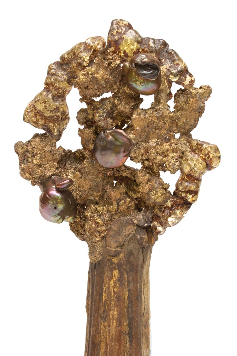 18th century Italian candlestick with coordinating natural-forming copper and intertwined with fused glass and baroque pearls. It is on a matrix with tapering barite crystals from Elk Mine Meade, South Dakota intertwined with fused glass and