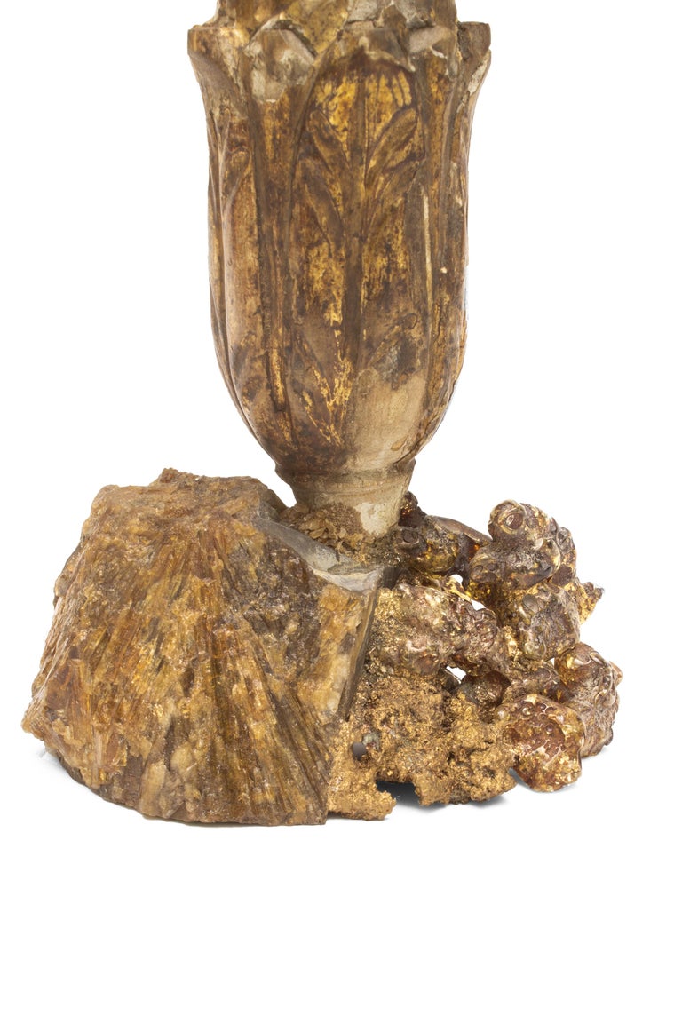 Rococo 18th Century Italian Candlestick on Barite Crystals, Copper and Fused Glass For Sale