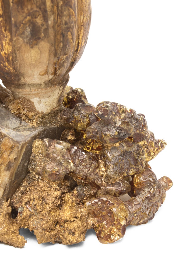 Hand-Carved 18th Century Italian Candlestick on Barite Crystals, Copper and Fused Glass For Sale
