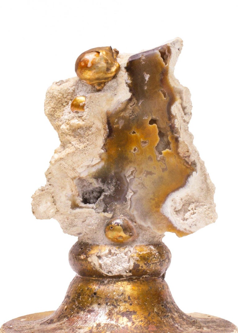 18th century Italian gold leaf candlestick top with polished fossil agate coral and natural forming baroque pearls. The 18th century fragment comes from Tuscany and has the original candlestick wax drip-tray attached. Fossil agate coral is Florida's