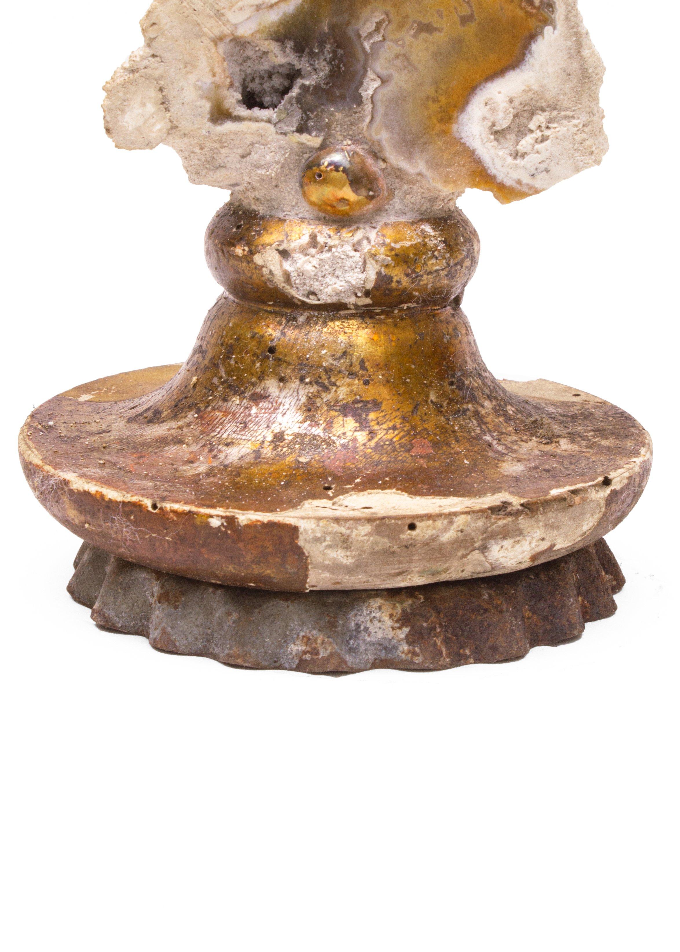 Rococo 18th Century Italian Candlestick Top with Fossil Agate Coral and Baroque Pearls