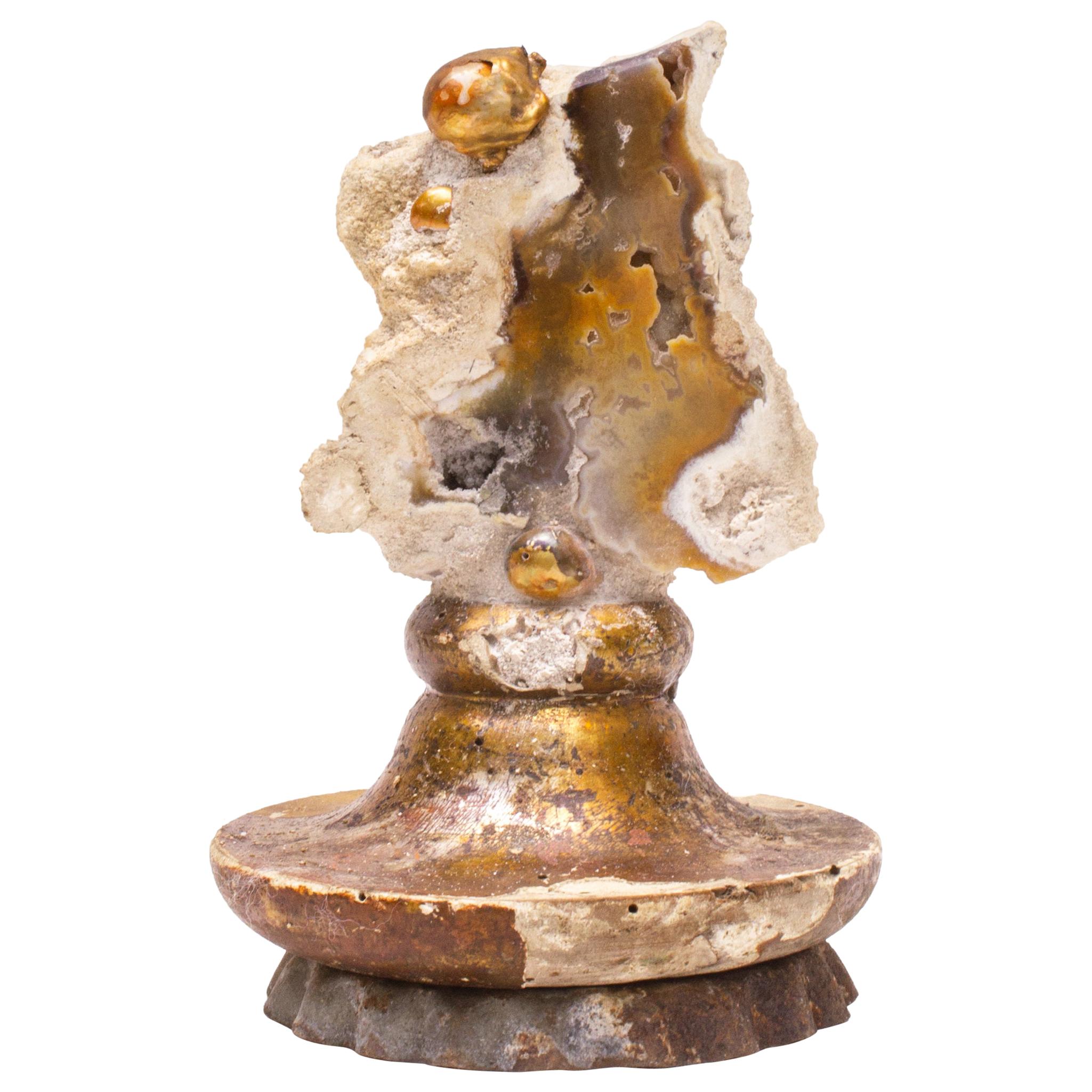 18th Century Italian Candlestick Top with Fossil Agate Coral and Baroque Pearls