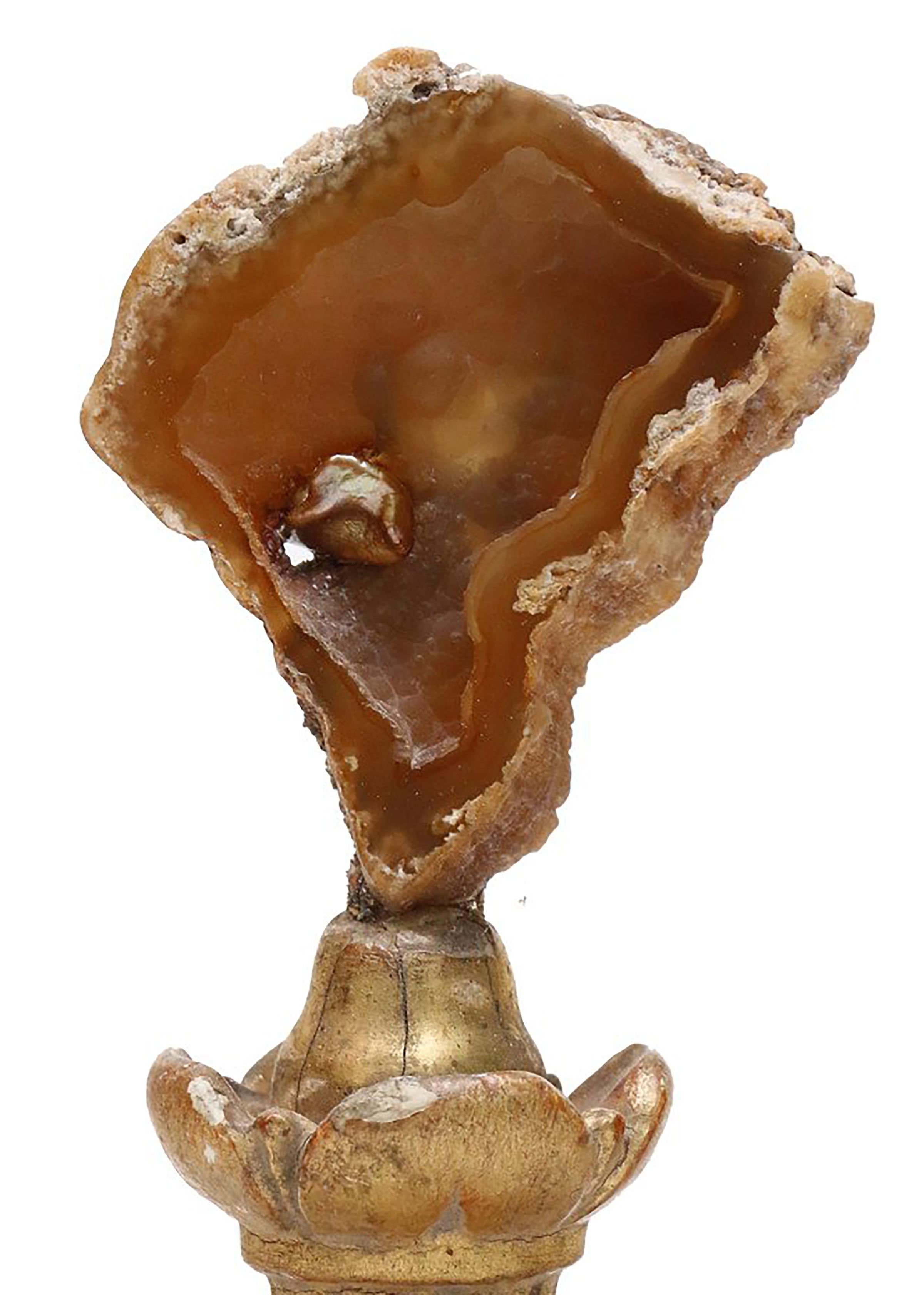 Rococo 18th Century Italian Candlestick Top with Polished Agate Coral and Baroque Pearl
