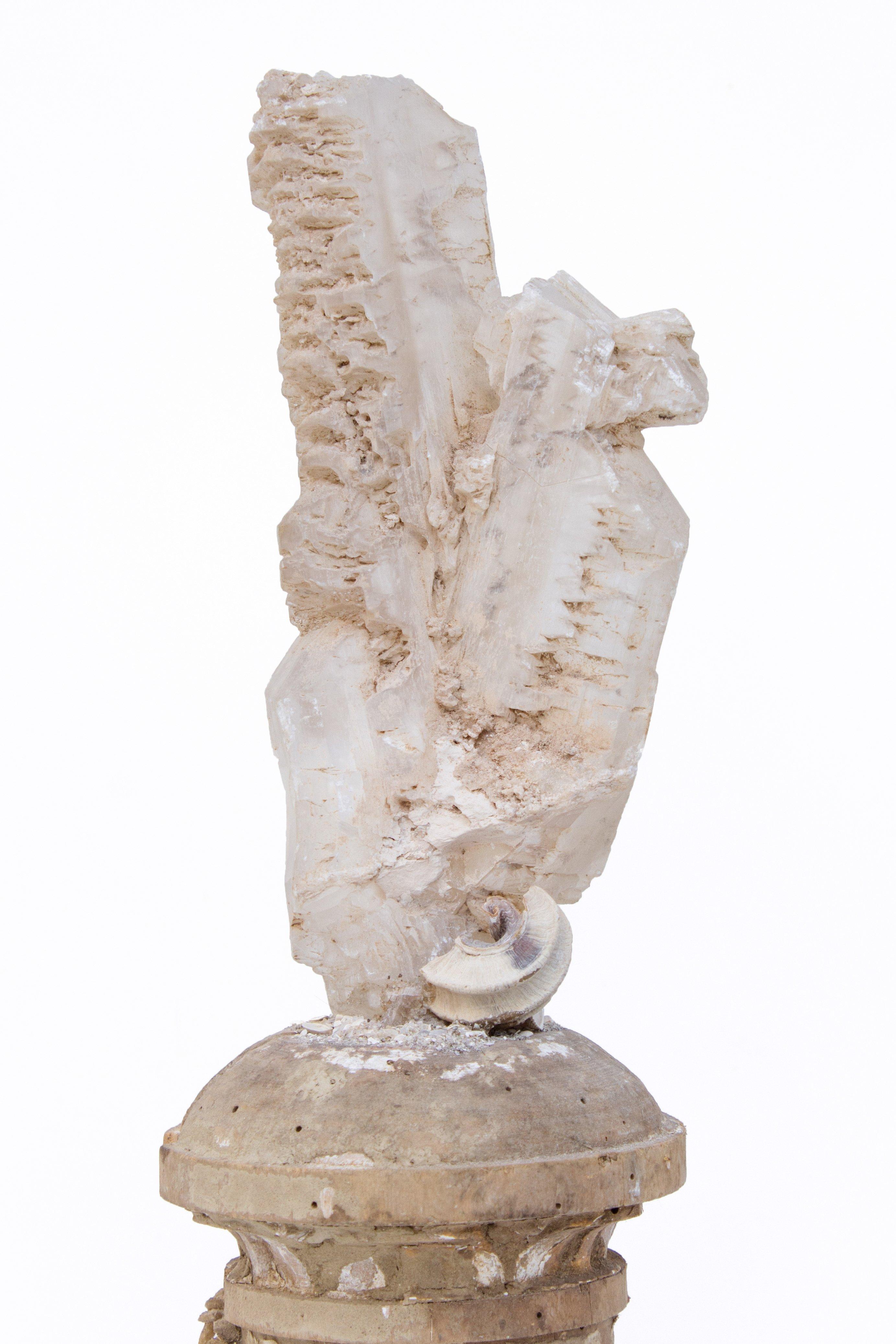 17th century Italian candlestick (Florence) decorated with a selenite blade cluster, fossil shells, and desert rose selenite. This fragment is from a church in Florence. It was found and saved from the notorious flooding of the Arno River in