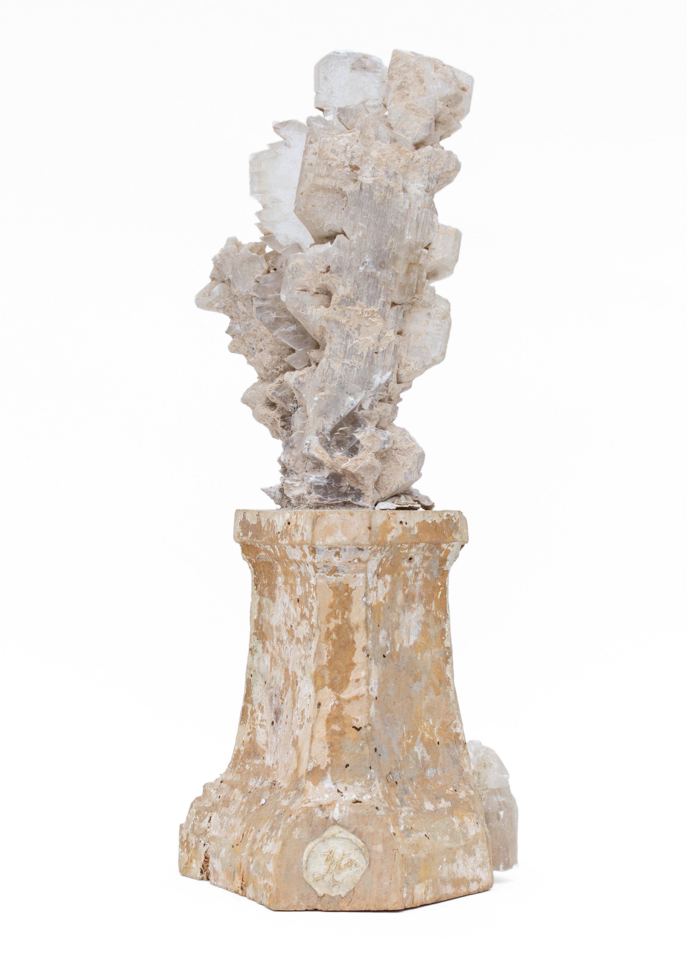 17th century Italian candlestick base decorated with a selenite blade cluster, fossil shells. This fragment is from a church in Florence. It was found and saved from the notorious flooding of the Arno River in 1966. 

The piece has been naturally