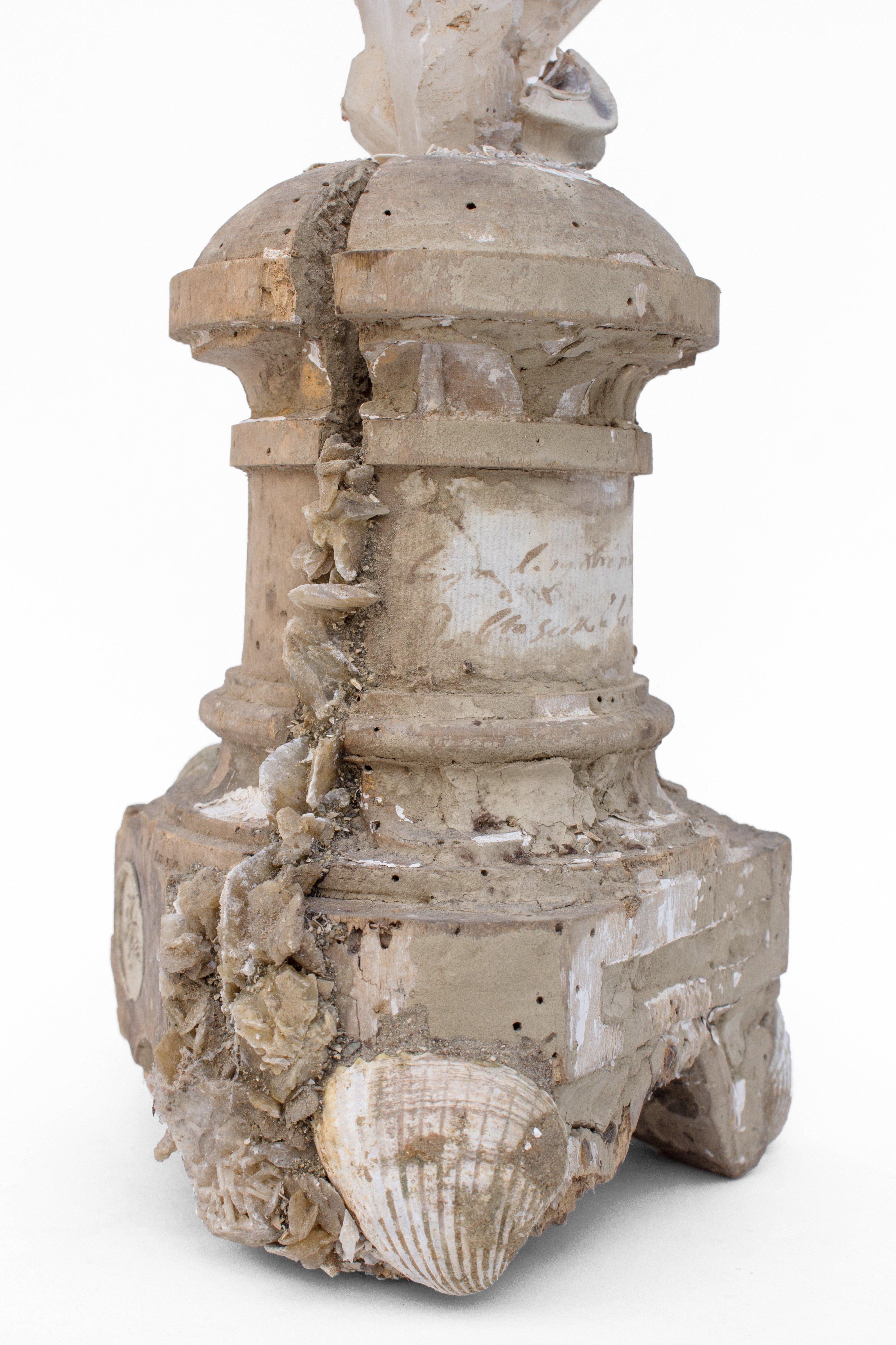 Baroque 17th Century Italian Candlestick with a Selenite Blade Cluster and Fossil Shells