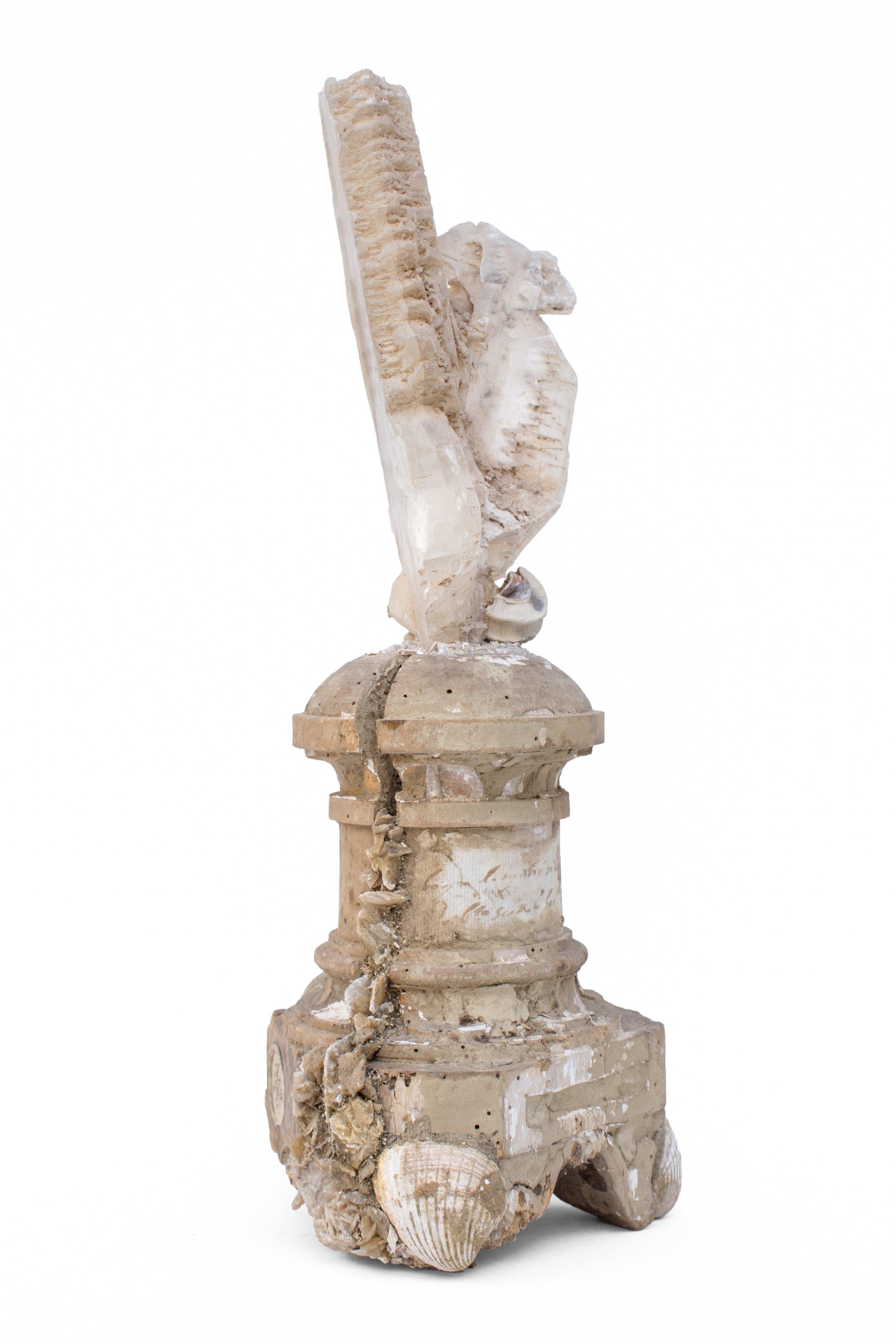 Hand-Carved 17th Century Italian Candlestick with a Selenite Blade Cluster and Fossil Shells
