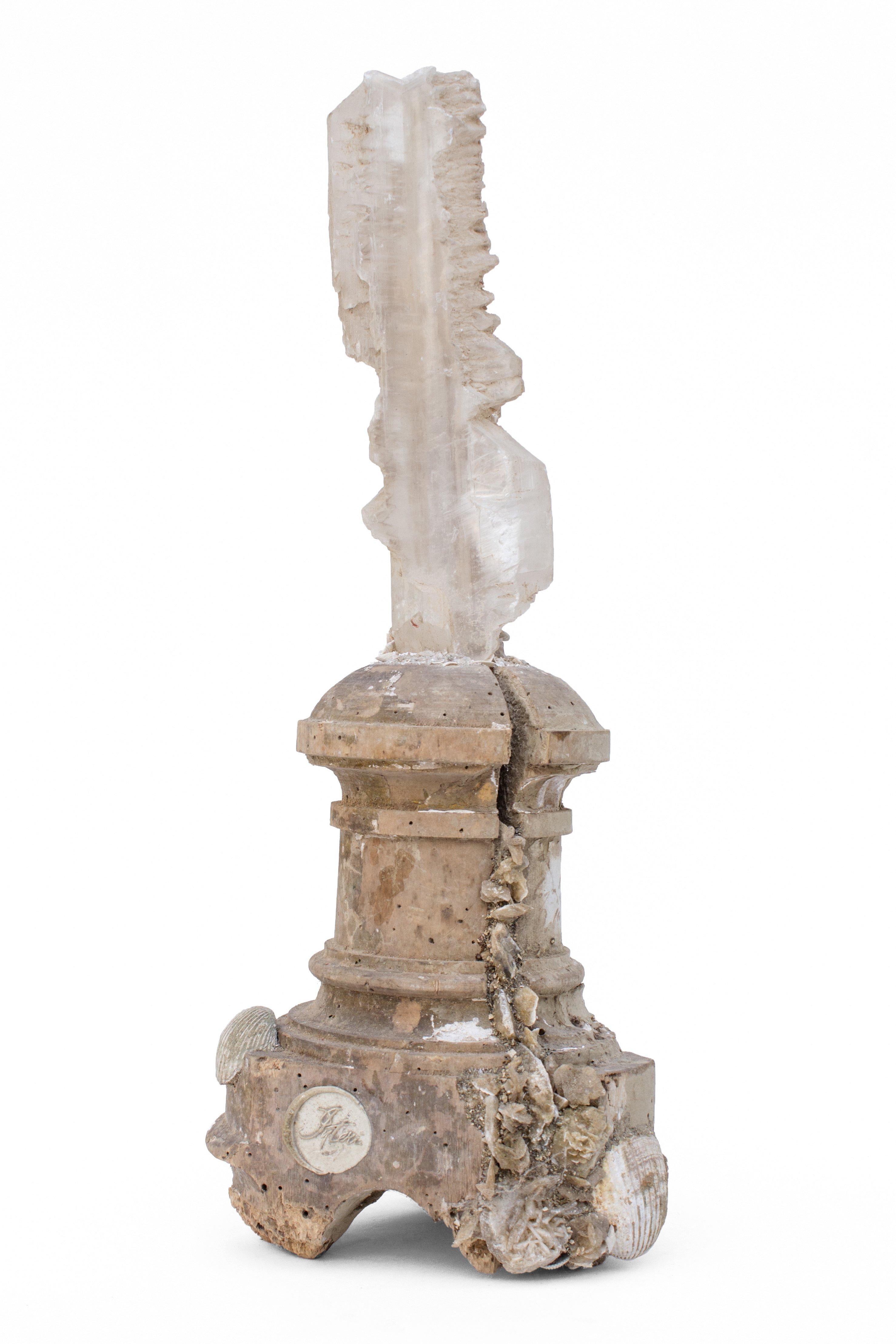 Rock Crystal 17th Century Italian Candlestick with a Selenite Blade Cluster and Fossil Shells