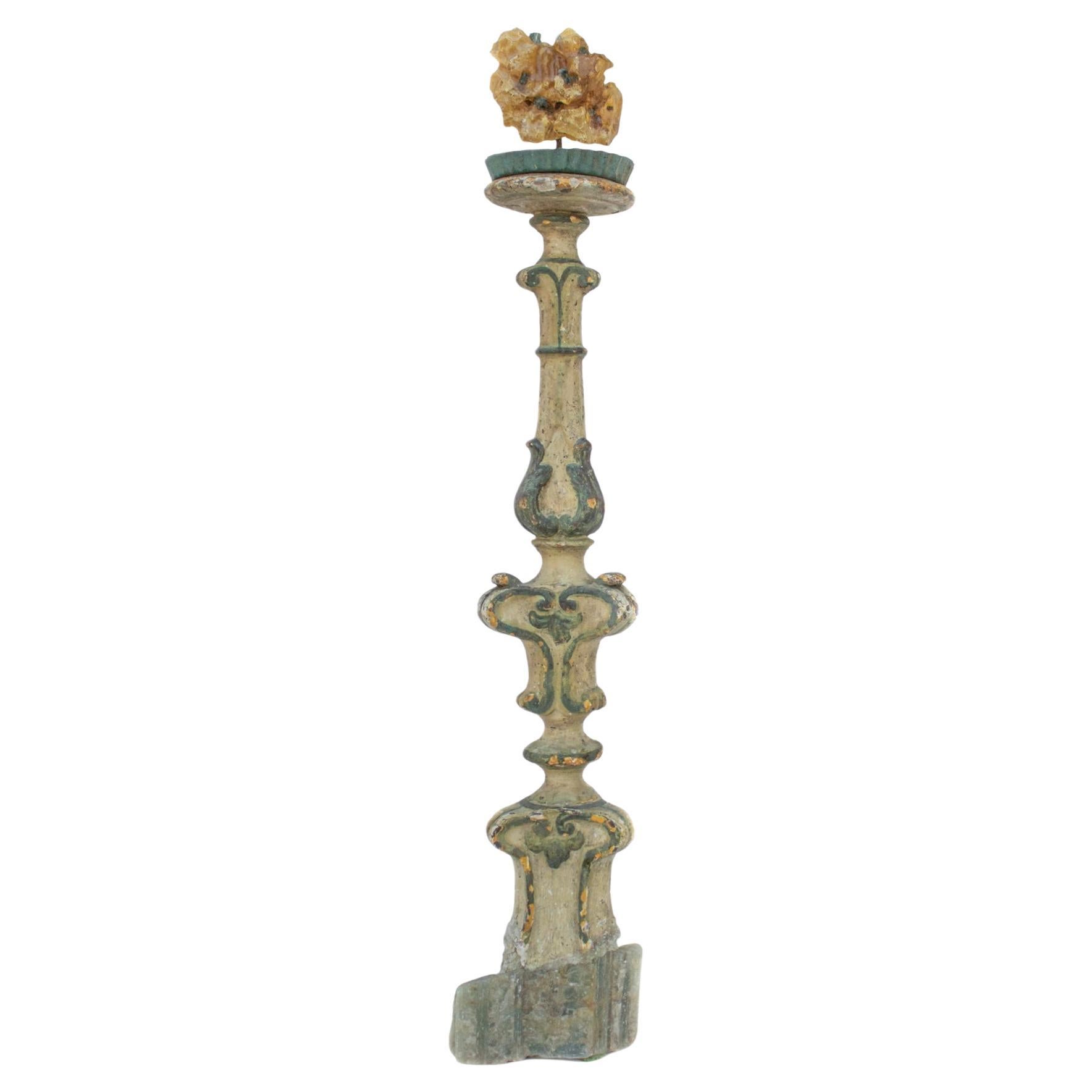 Candelero italiano del siglo XVIII con ámbar y aguamarina sobre base de aguamarina