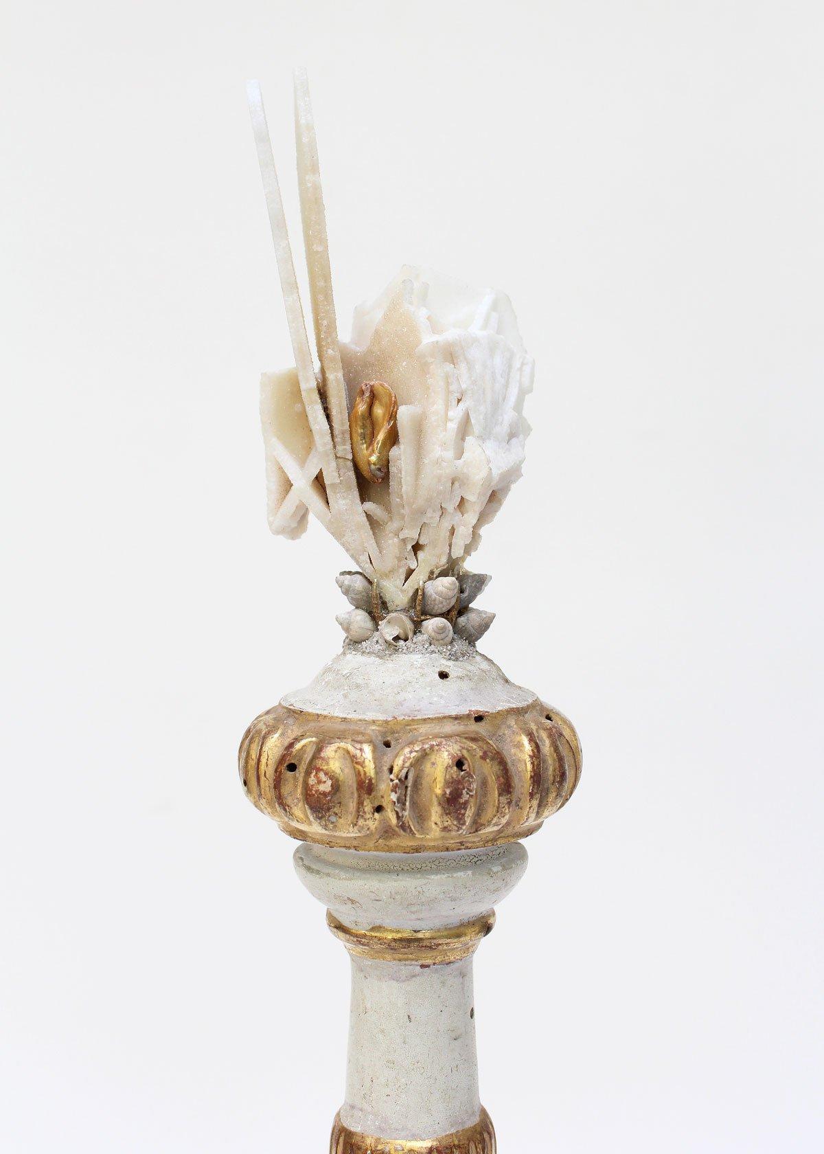 18th century Italian candlestick decorated with angle plated quartz with a baroque pearl and fossil shells on a double polished selenite base. 

Angle-plated quartz is an extremely rare form of quartz and is only found in the upstate region of South