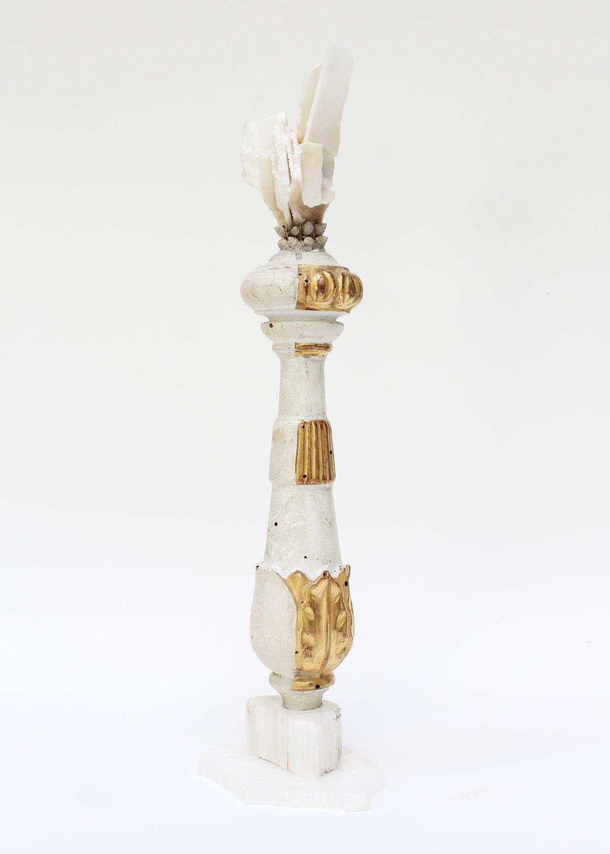 Carved 18th Century Italian Candlestick with Angle Plated Quartz & Pearl on Selenite