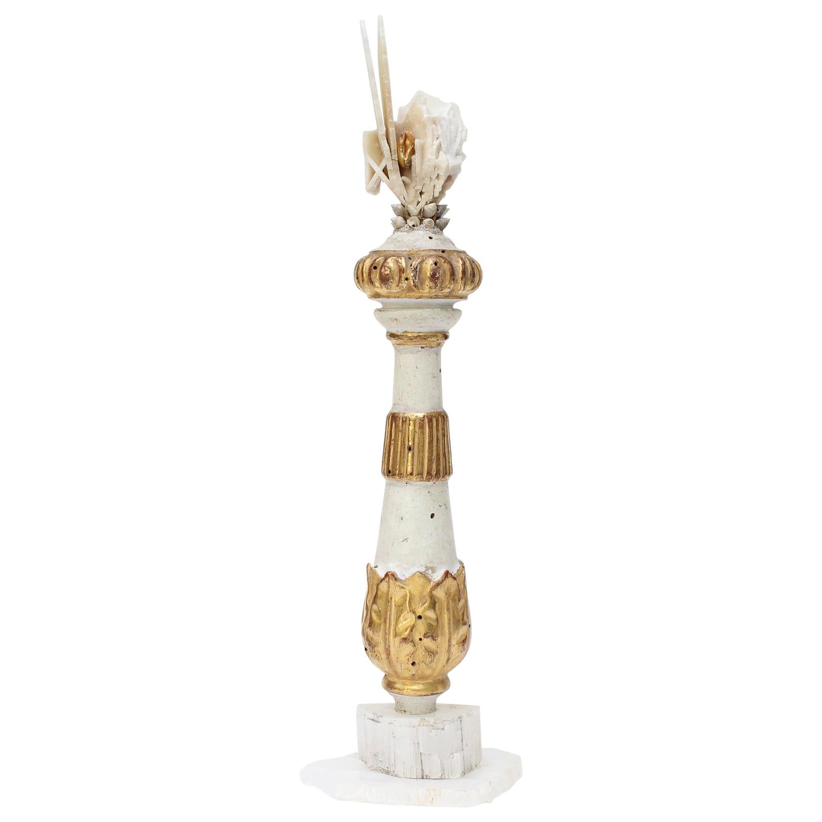 18th Century Italian Candlestick with Angle Plated Quartz & Pearl on Selenite
