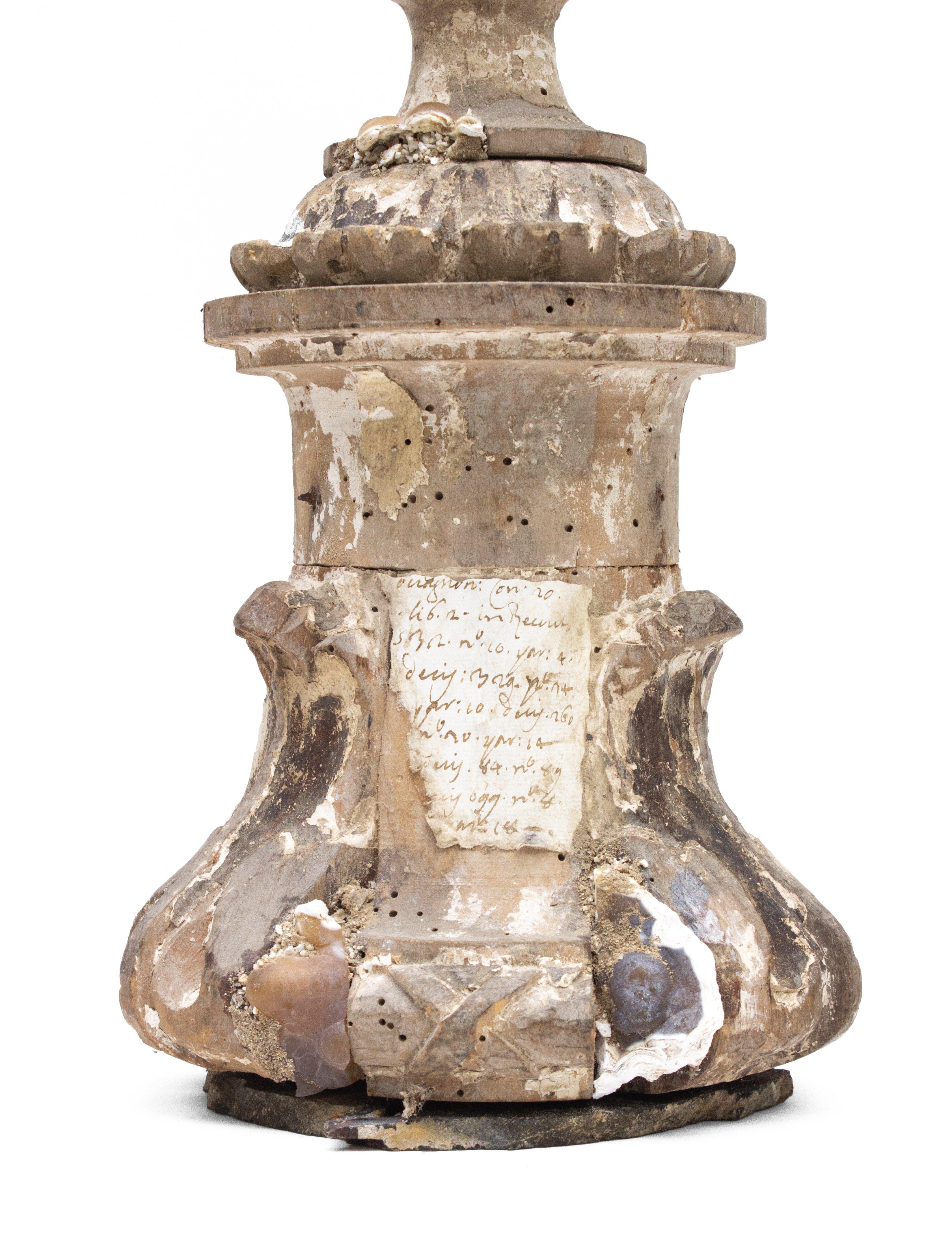 18th Century Italian Candlestick with Fossil Agate Coral on an Agate Base In Distressed Condition In Dublin, Dalkey