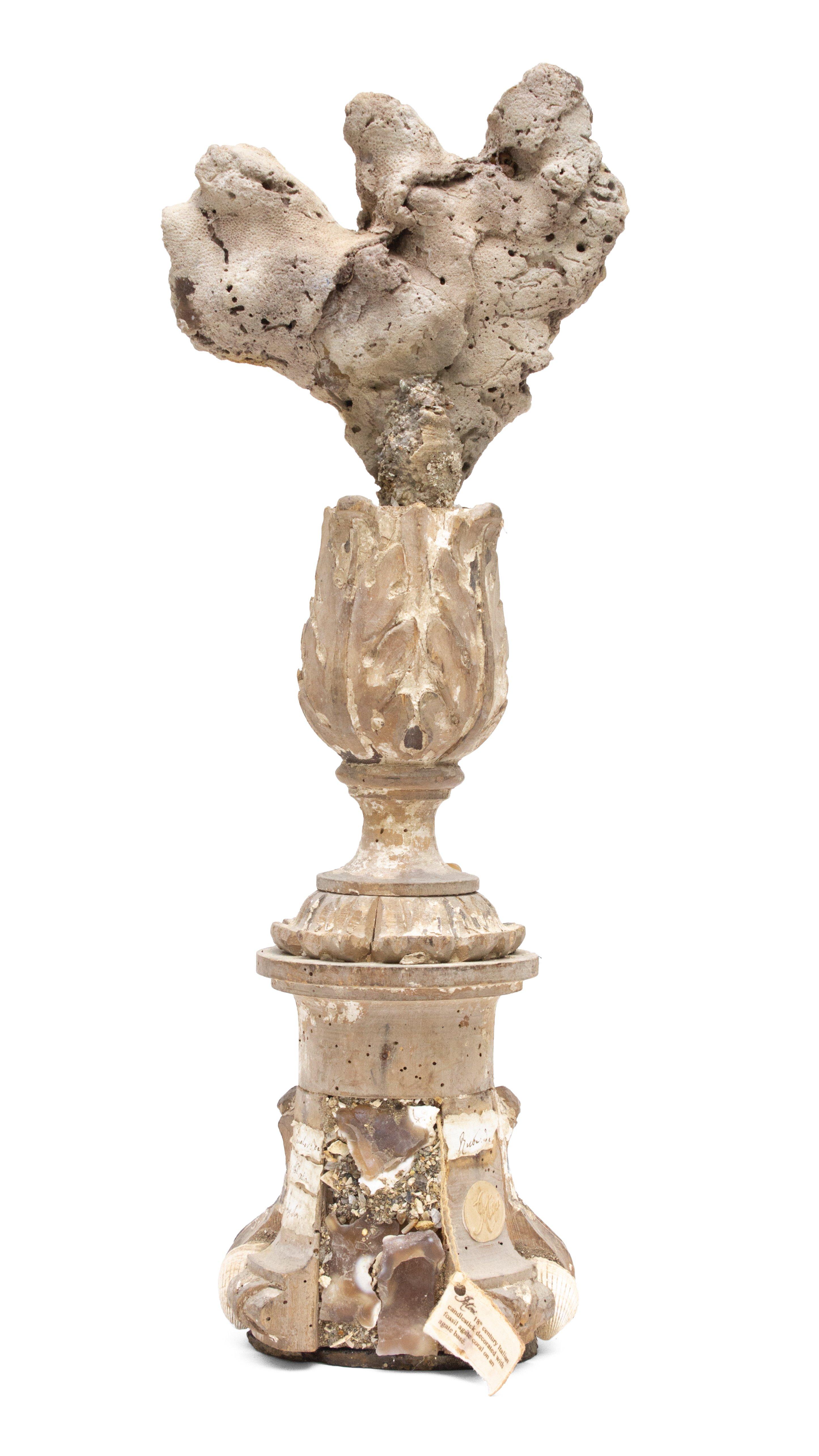 18th Century and Earlier 18th Century Italian Candlestick with Fossil Agate Coral on an Agate Base