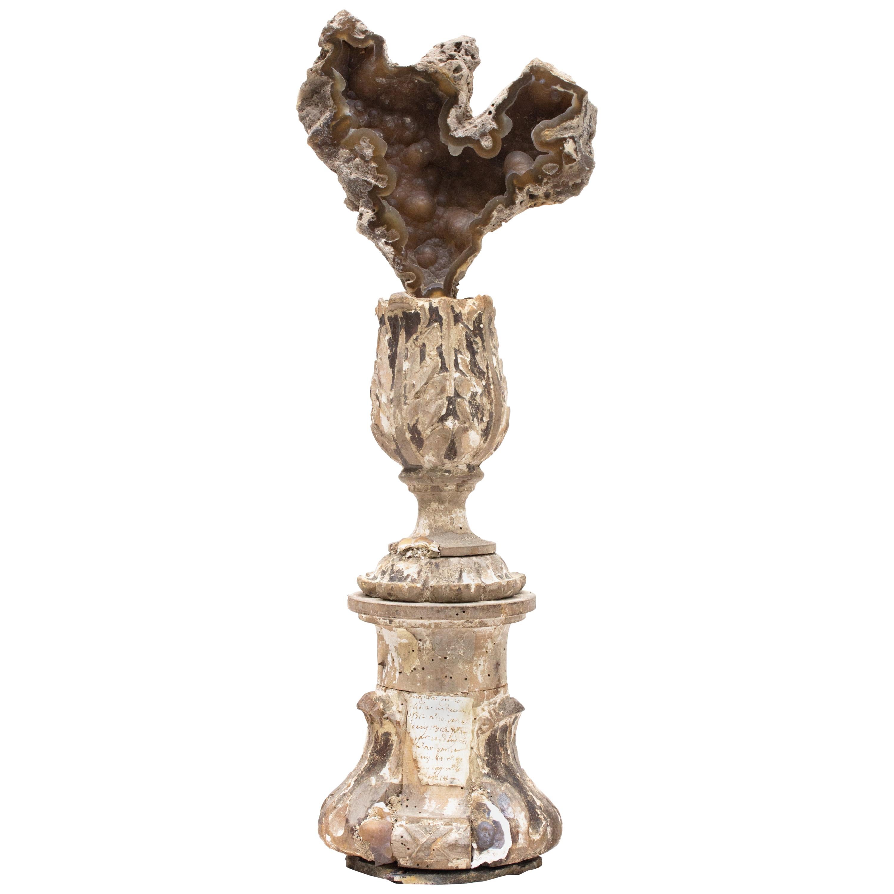18th Century Italian Candlestick with Fossil Agate Coral on an Agate Base