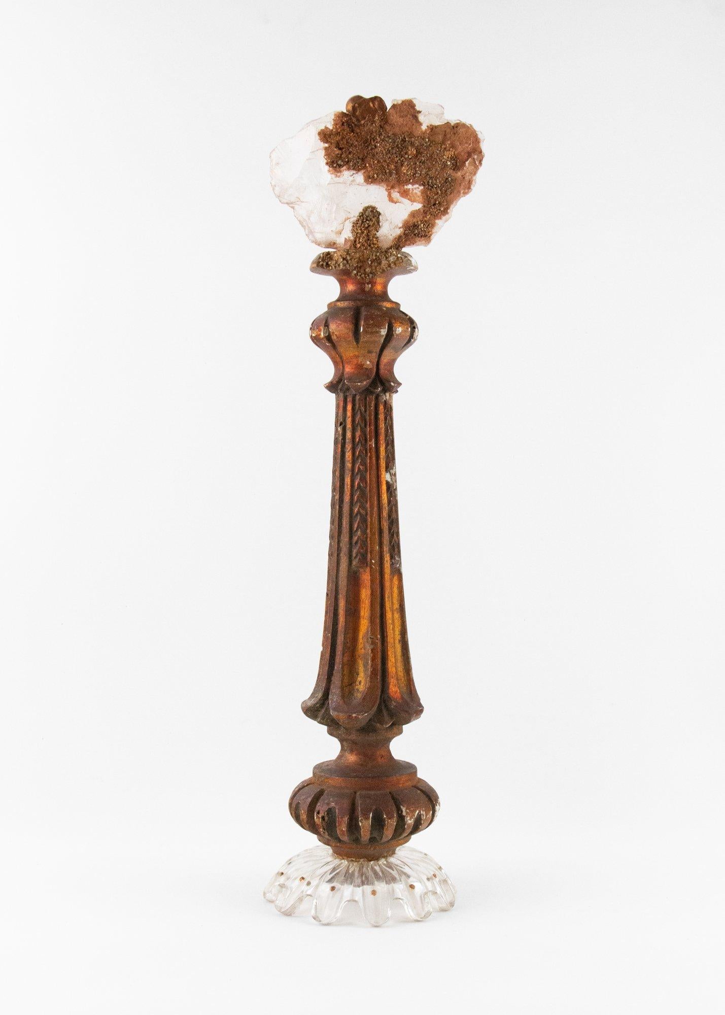 Hand-Carved 18th Century Italian Candlestick with Freeform Glass & Baroque Pearls on Bobeche For Sale