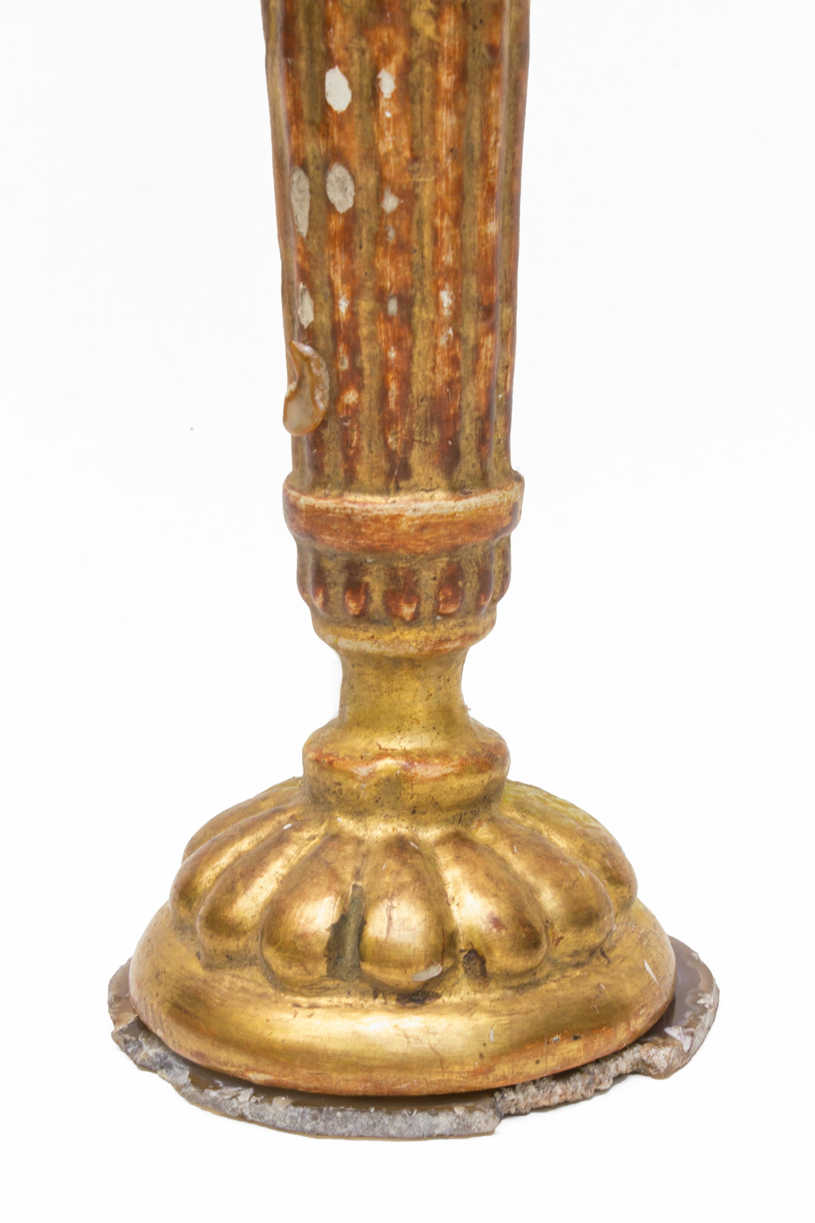 Hand-Carved 18th Century Italian Candlestick with Golden Calcite Crystal and Baroque Pearl
