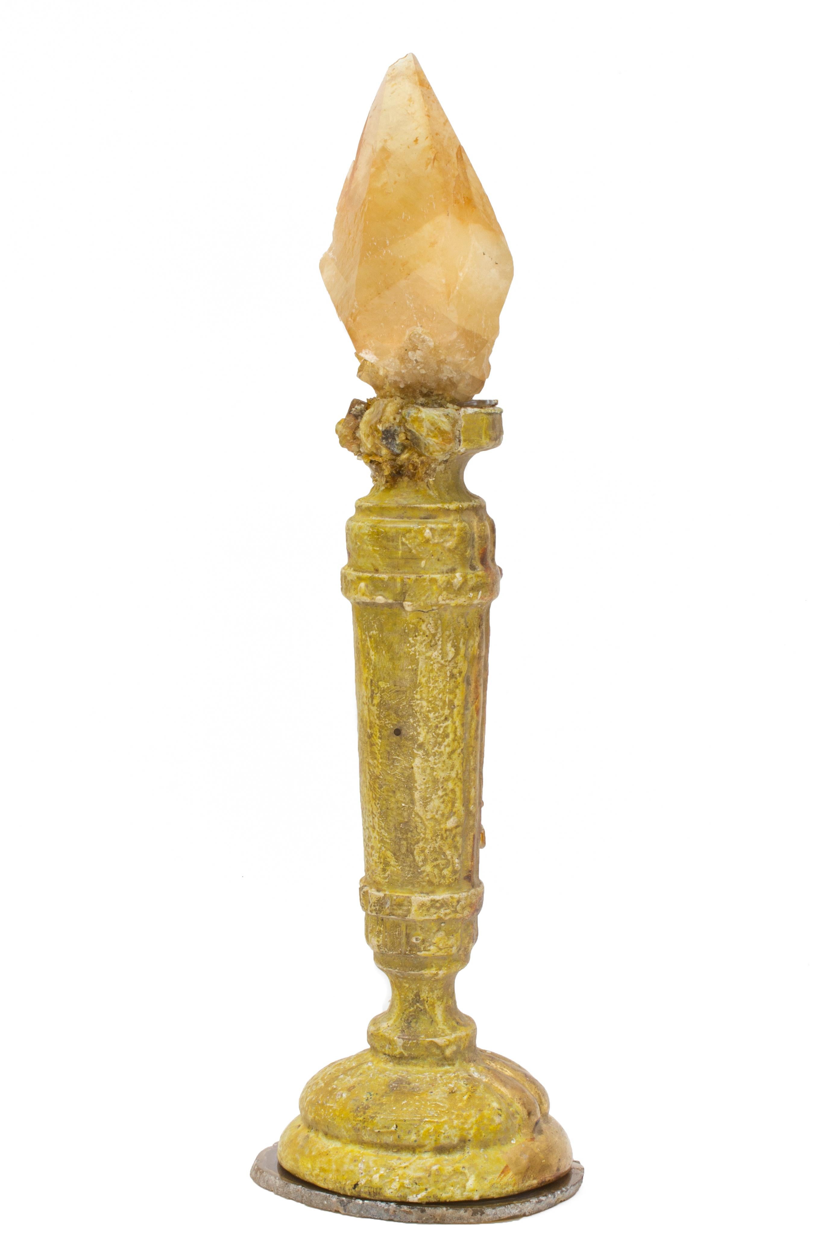 18th Century Italian Candlestick with Golden Calcite Crystal and Baroque Pearl In Good Condition In Dublin, Dalkey