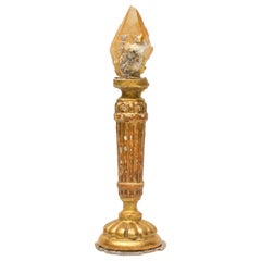 18th Century Italian Candlestick with Golden Calcite Crystal and Baroque Pearl