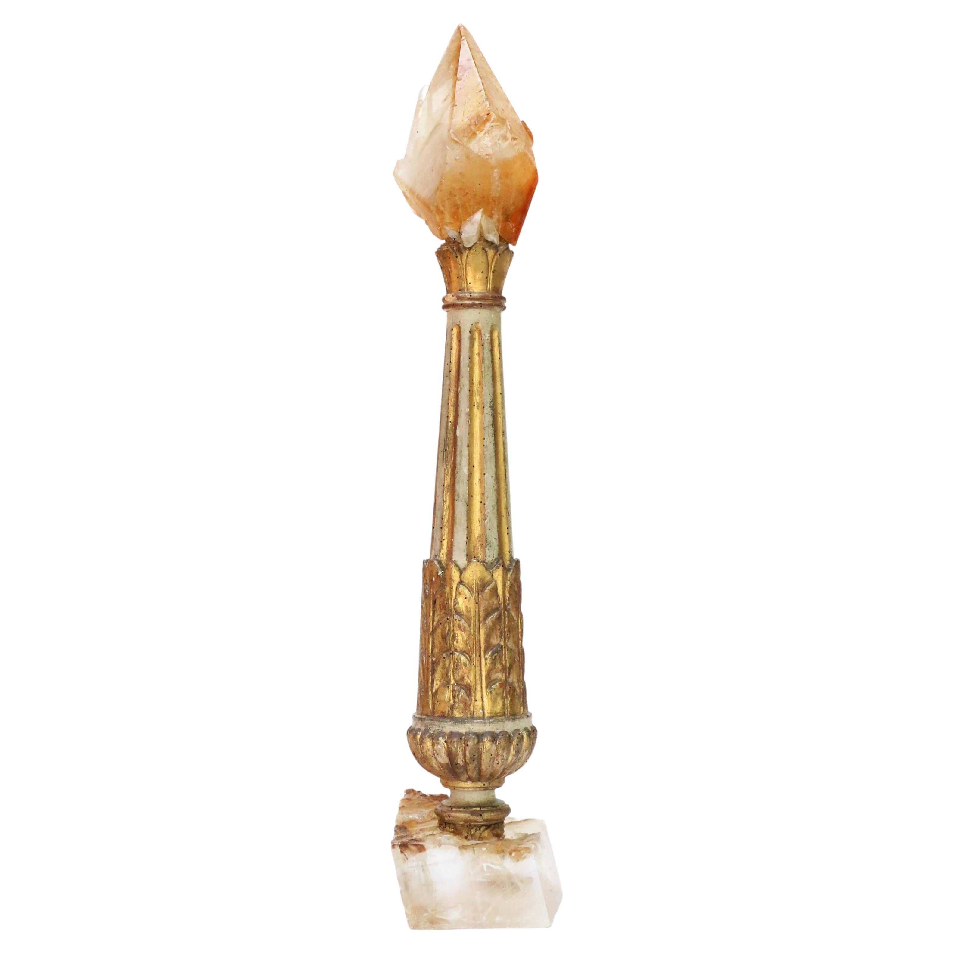18th Century Italian Candlestick with Golden Calcite Point on Optical Calcite