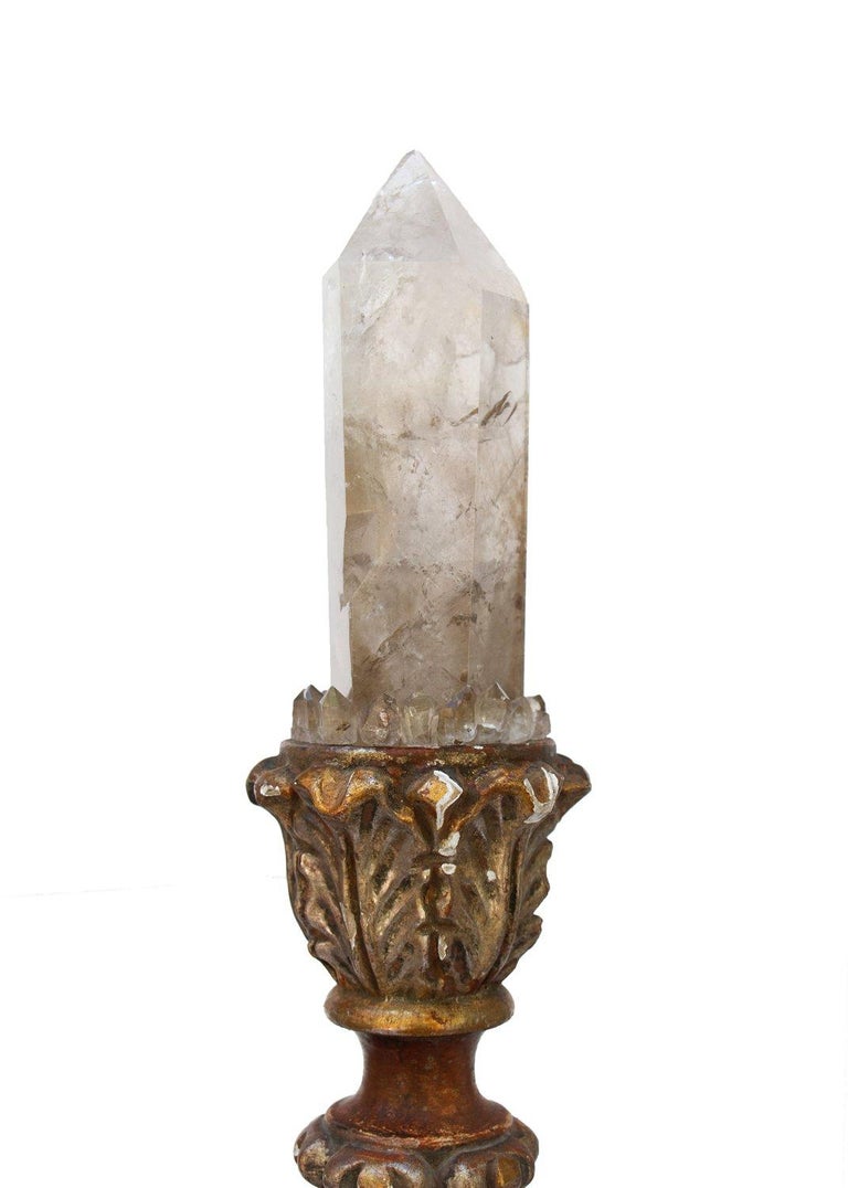 18th Century Italian Candlestick With Smokey Quartz Crystal Oblique