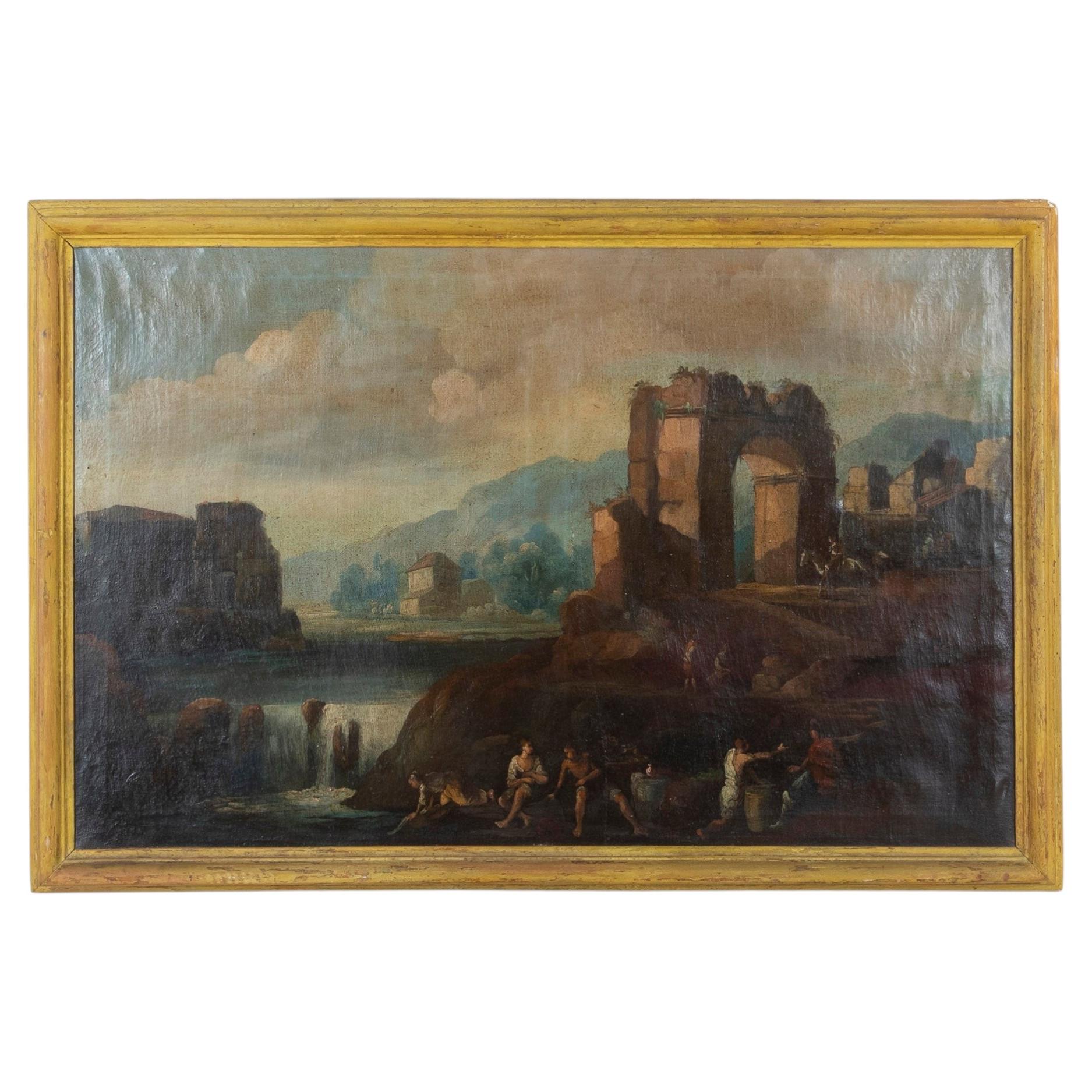 Peinture italienne du XVIIIe siècle représentant un paysage de Capriccio