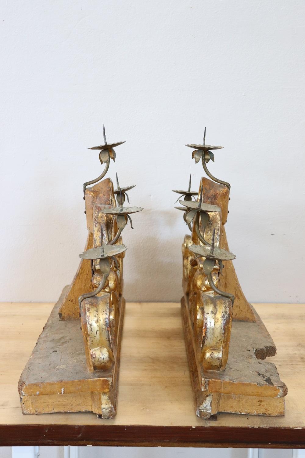 18th Century Italian Carved and Gilded Wood Pair of Antique Candelabrum For Sale 7