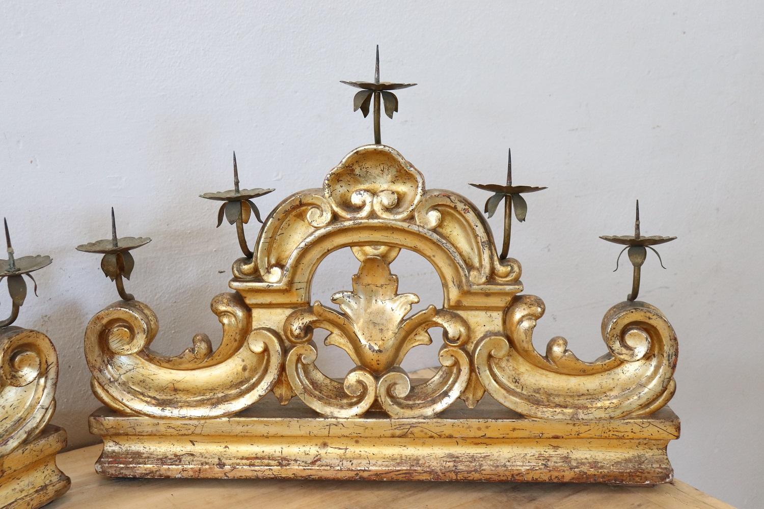 Gilt 18th Century Italian Carved and Gilded Wood Pair of Antique Candelabrum For Sale