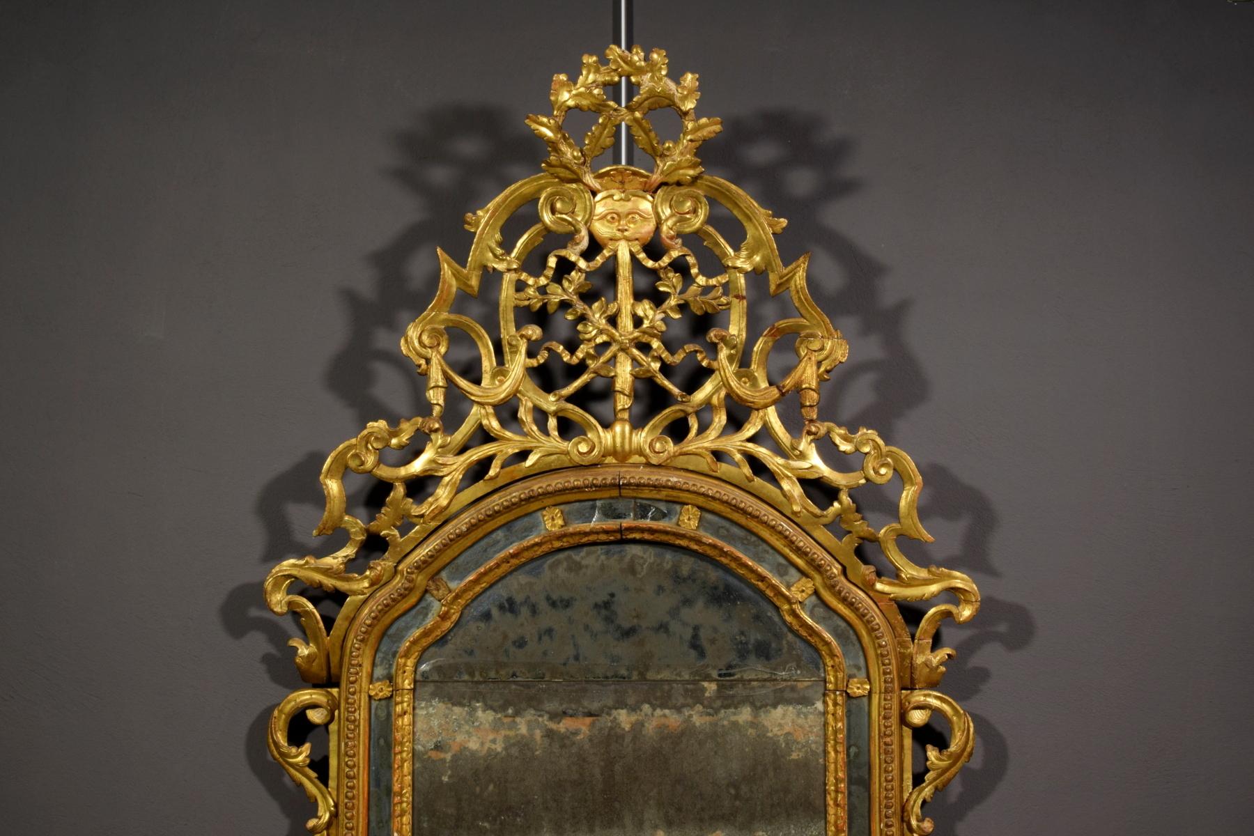 18th century, Italian carved and giltwood mirror
Measurements: cm H 225 x W max 112 x D 6 (maximum depth 20)

Important mirror made in Turin, north of Italy, in the second half of the 18th century in finely carved and gilded wood.
The mirror has