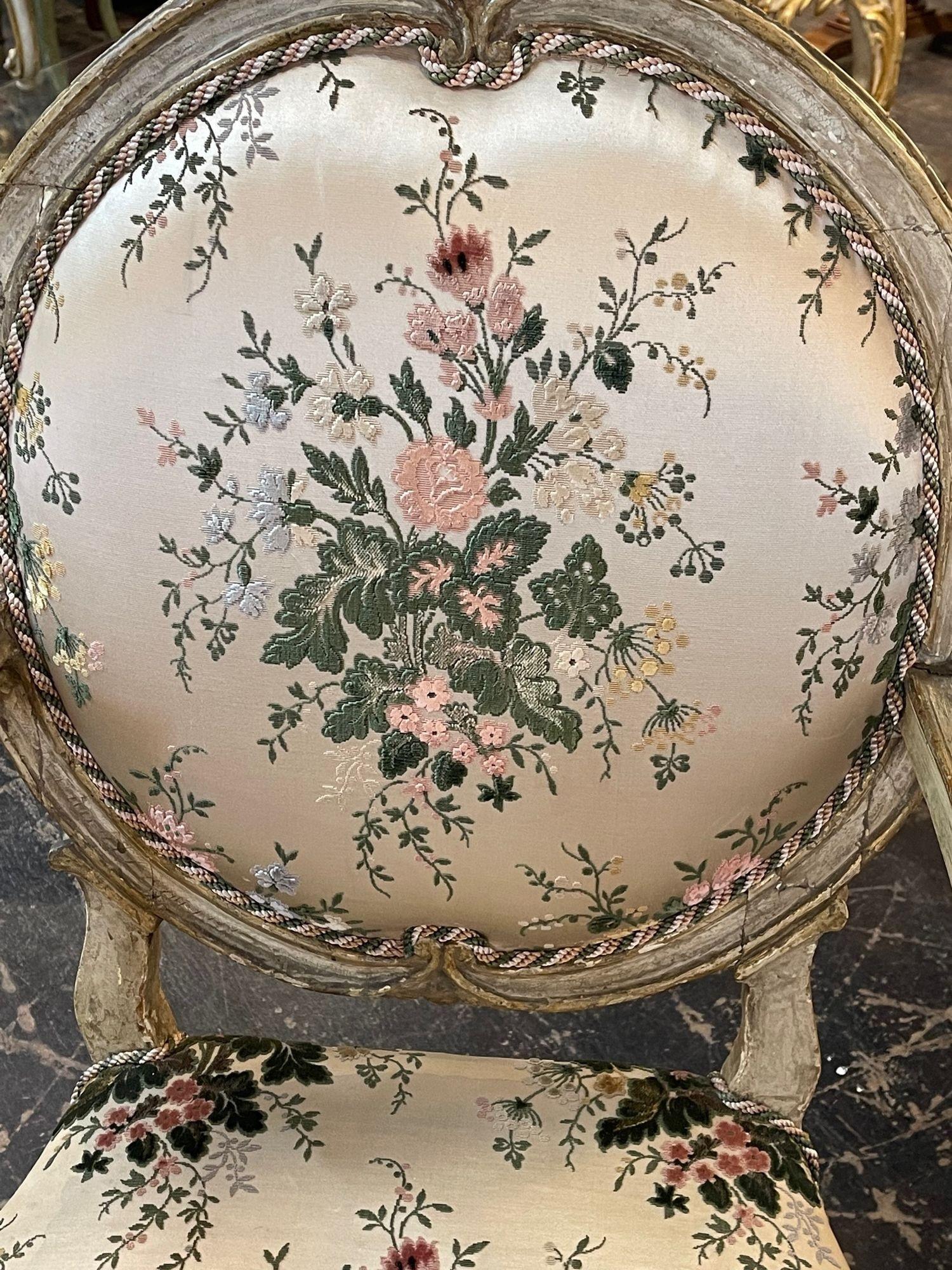 18th Century Italian Carved and Painted Armchair with Floral Upholstery 2