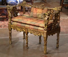 18th Century Italian Carved and Painted Grotto Settee with Silk Cushion & Pillow