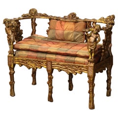Antique 18th Century Italian Carved and Painted Grotto Settee with Silk Cushion & Pillow