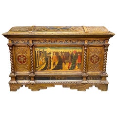 18th Century Italian Carved and Parcel-Gilt Trunk with Hand Painted Images