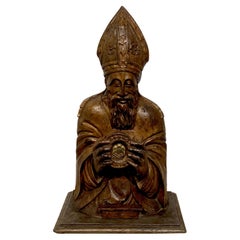 Reliquaire italien du XVIIIe siècle sculpté et polychromé de Pape Pie V
