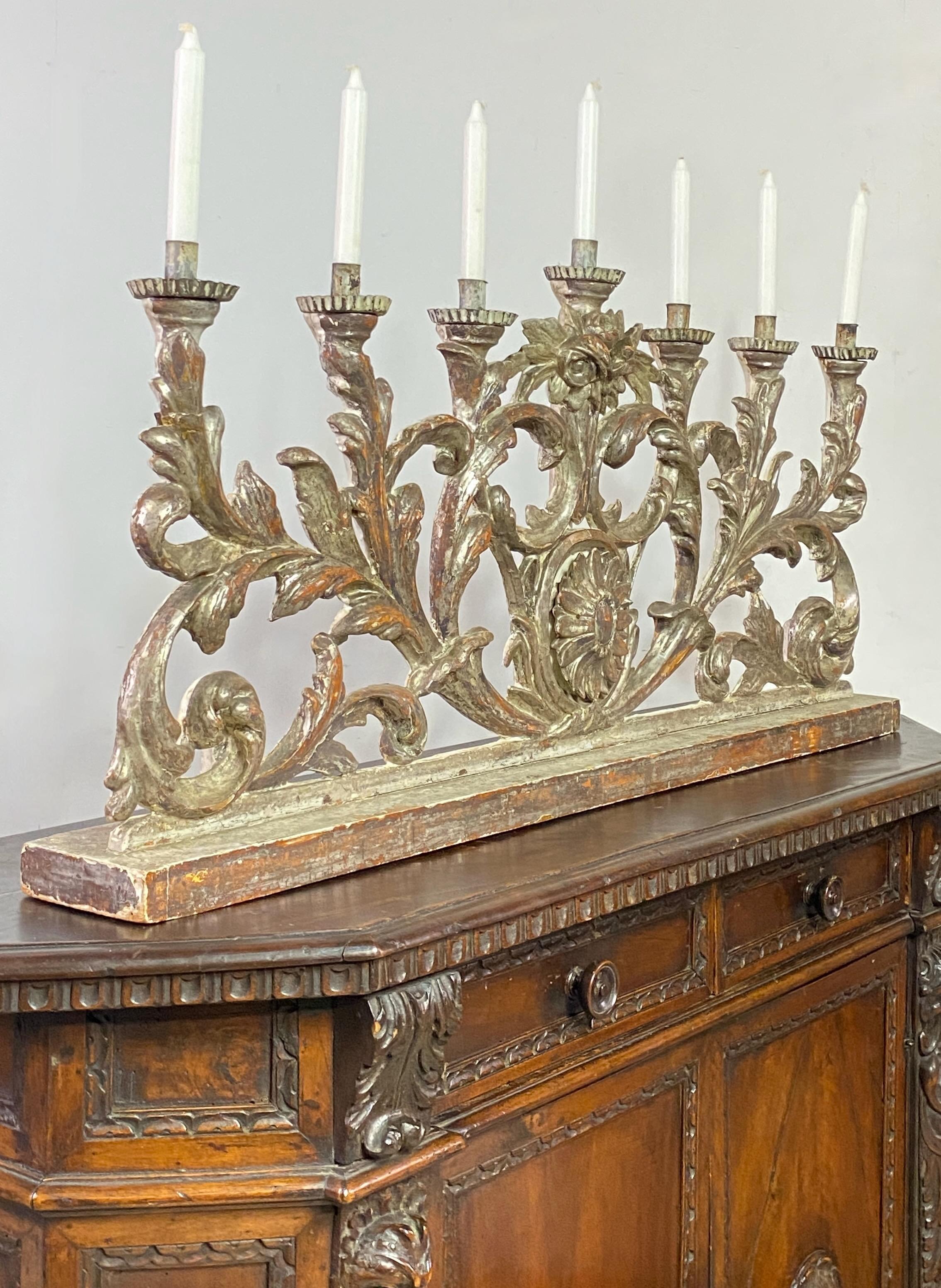 18th Century Italian Carved and Silver Gilt Wood Candleholder For Sale 2